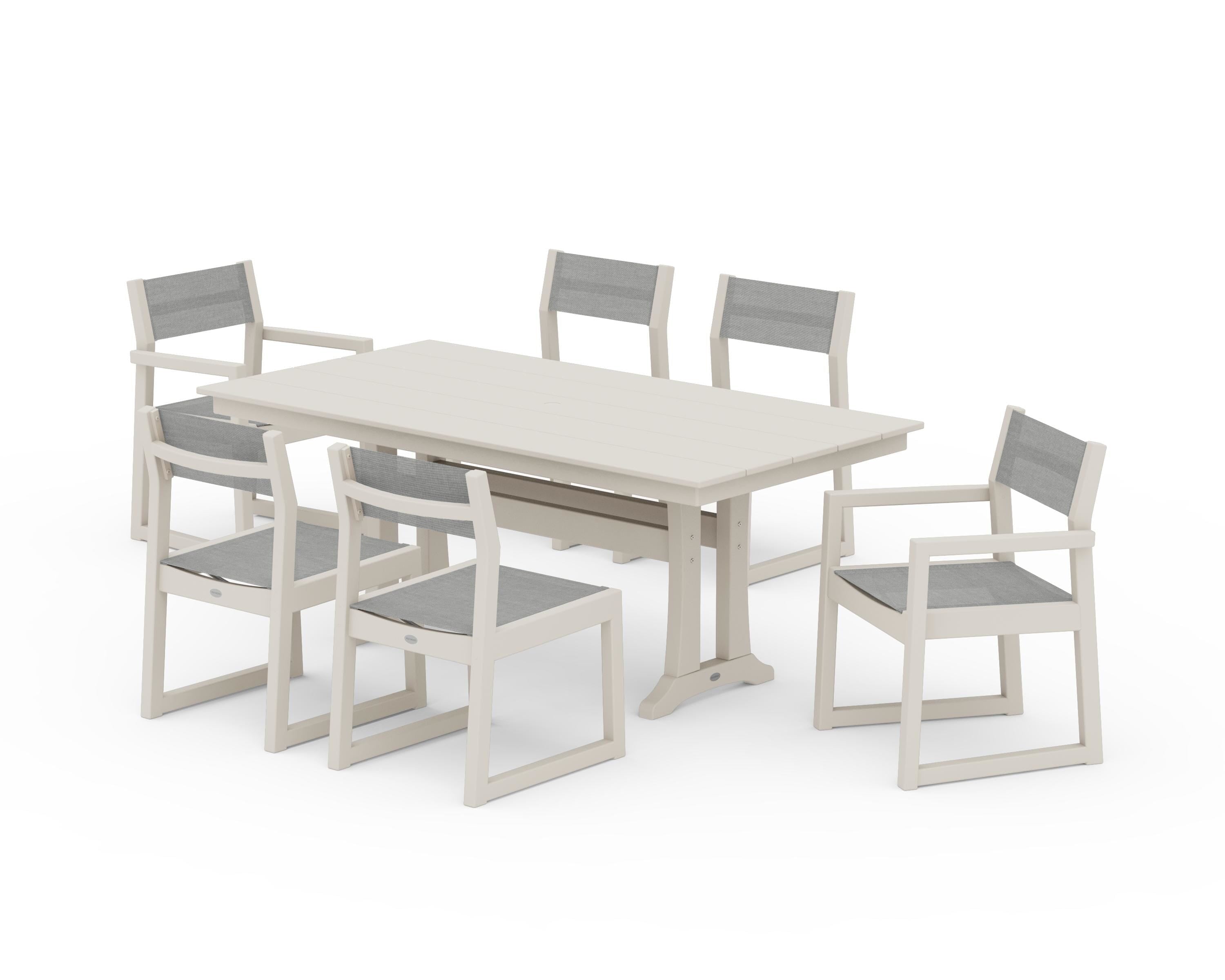 POLYWOOD® EDGE Sling 7-Piece Farmhouse Trestle Dining Set in Sand / Metallic Sling