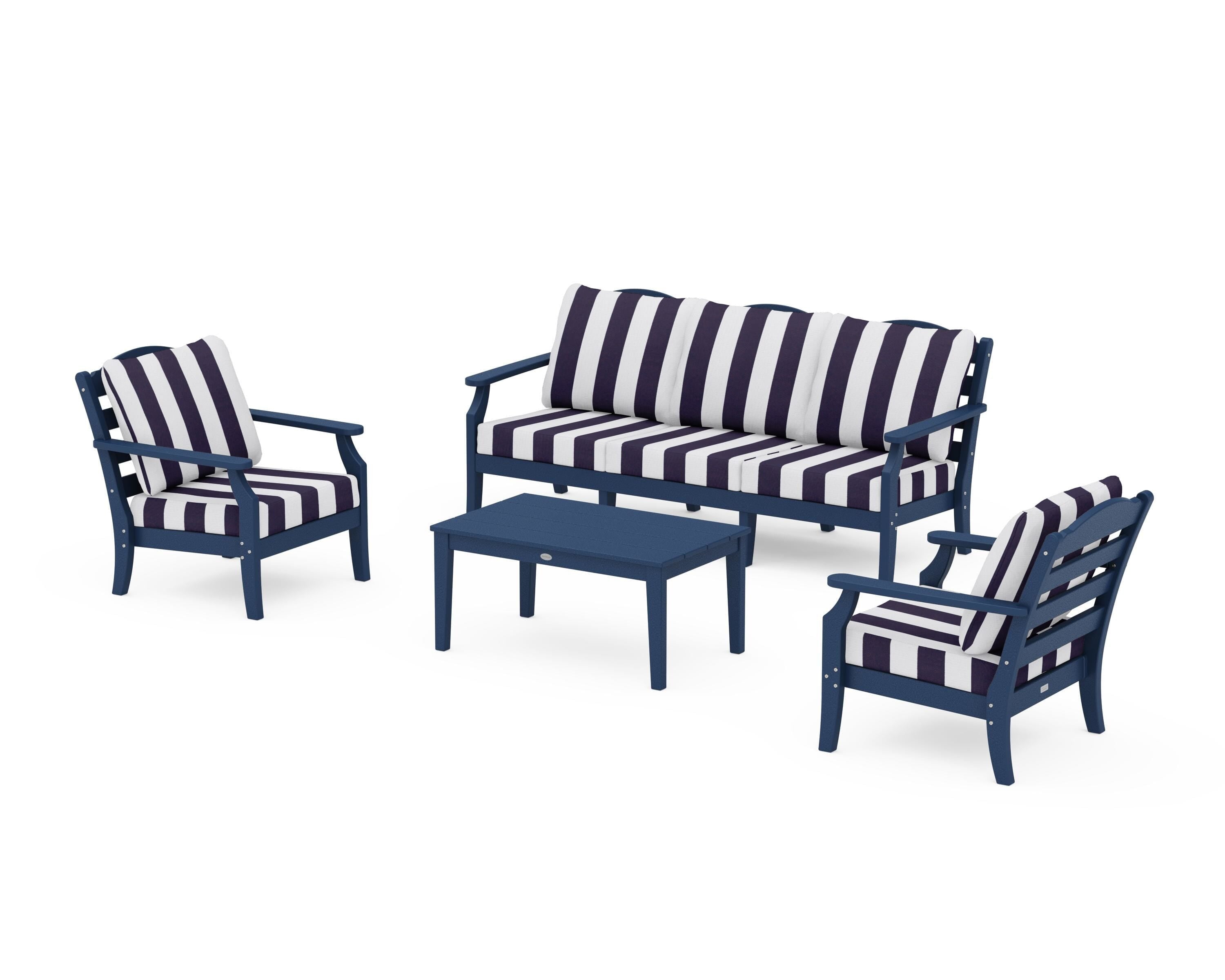 Draper James™ by POLYWOOD® Savannah 4-Piece Deep Seating Set with Sofa in Navy / Cabana Stripe Navy