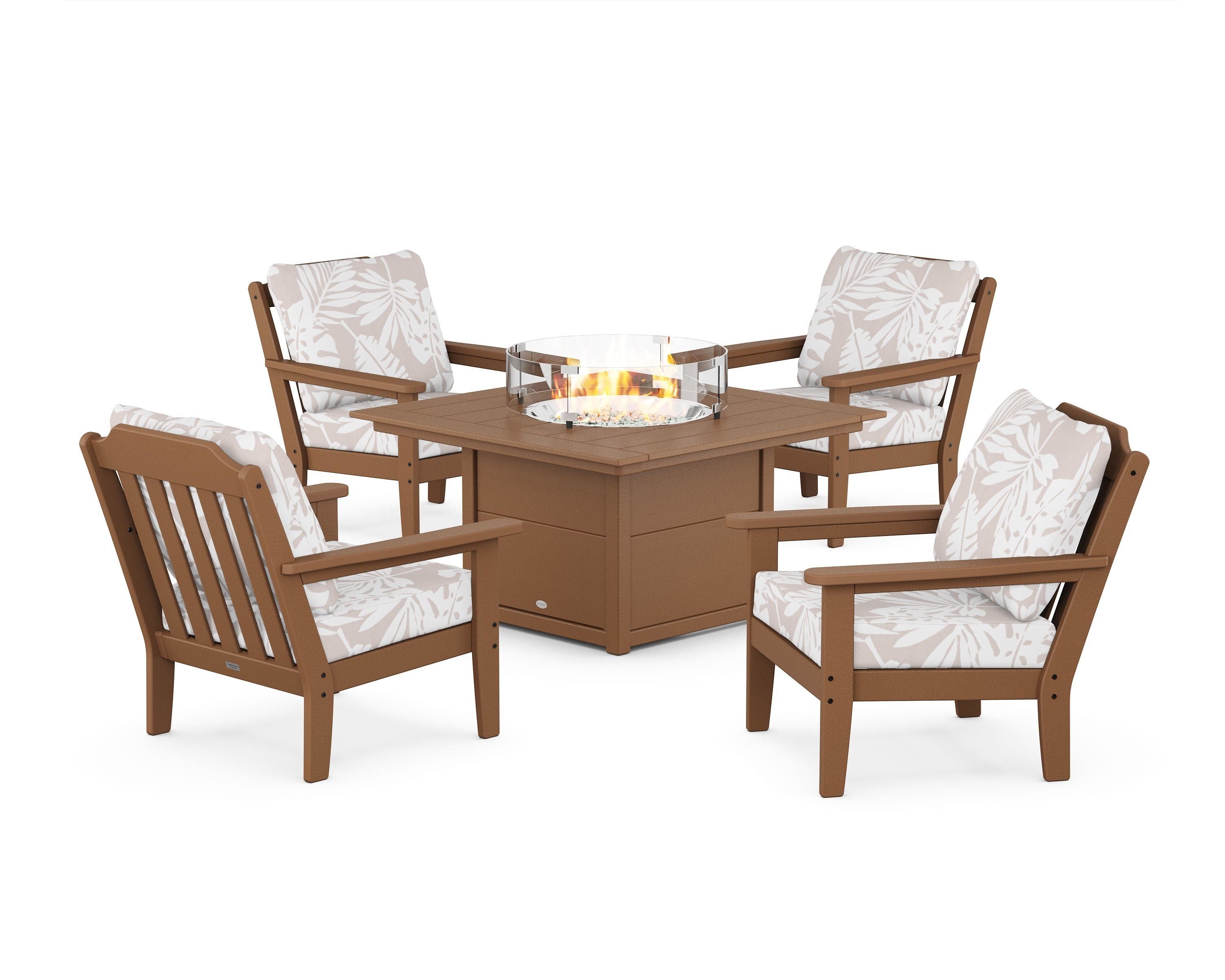 Country Living Cottage 5-Piece Deep Seating Set with Fire Pit Table in Teak / Leaf Dune Burlap
