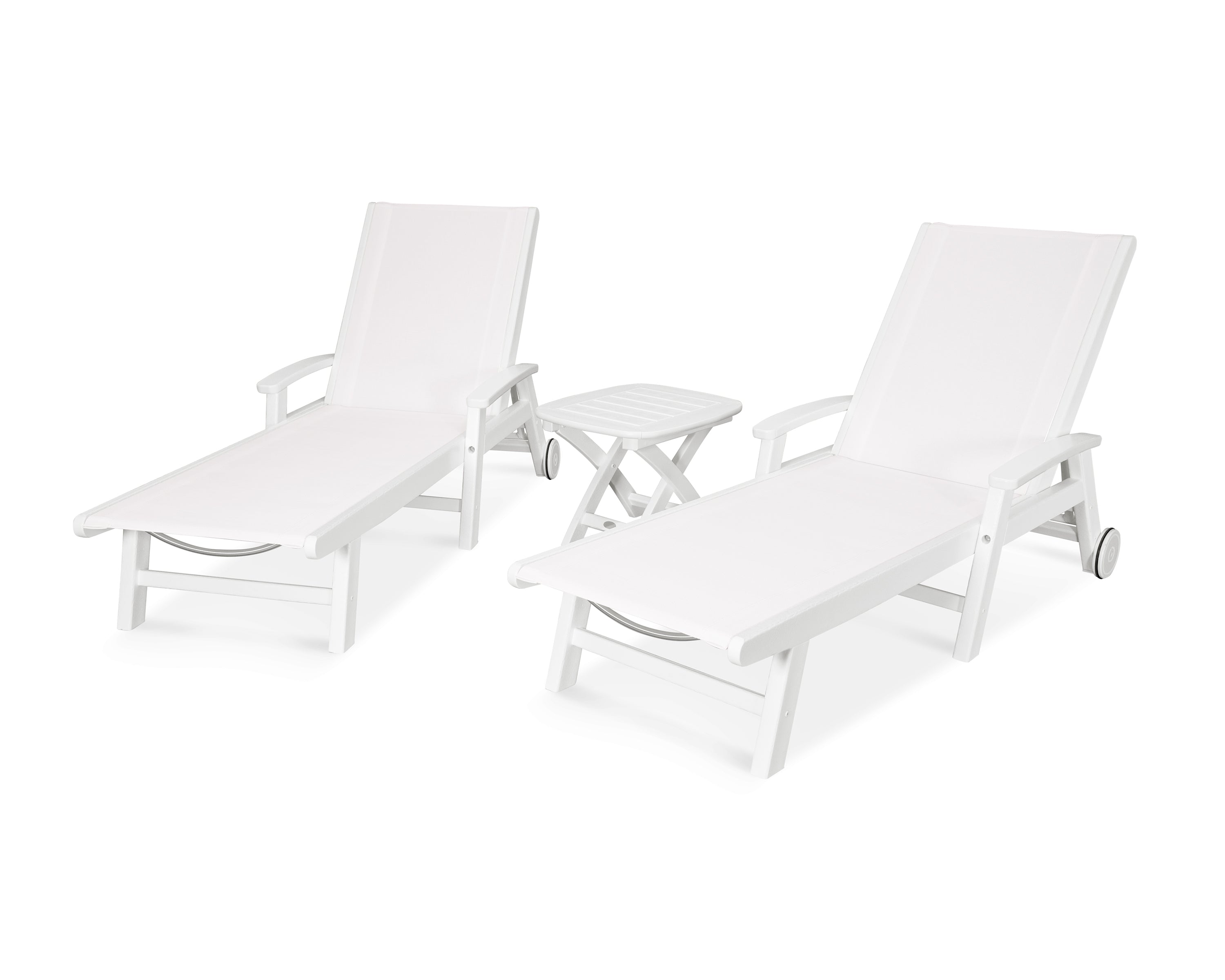 POLYWOOD® Coastal 3-Piece Wheeled Chaise Set in White / White Sling