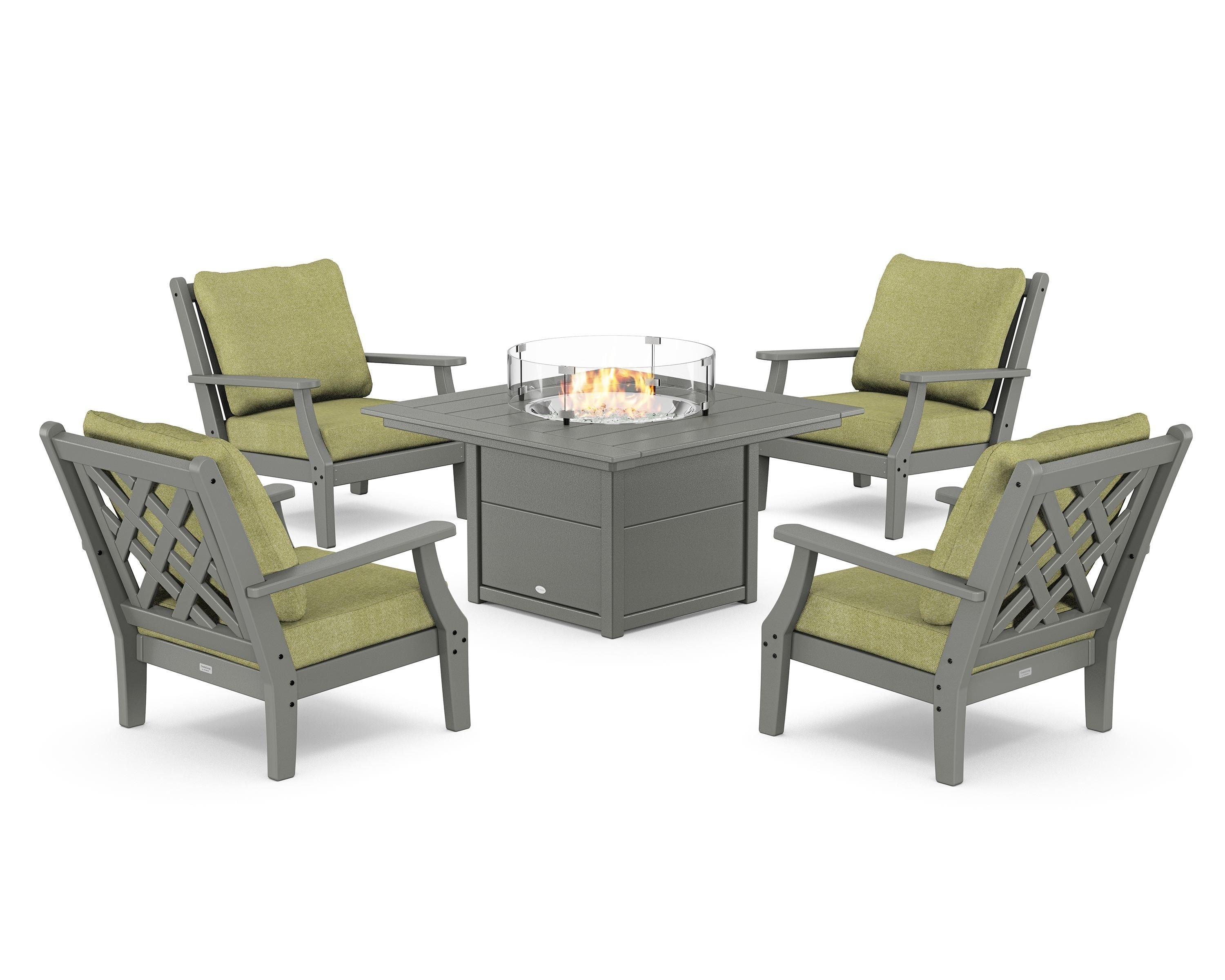Country Living Wovendale 5-Piece Deep Seating Set with Fire Pit Table in Slate Grey / Chartreuse Boucle