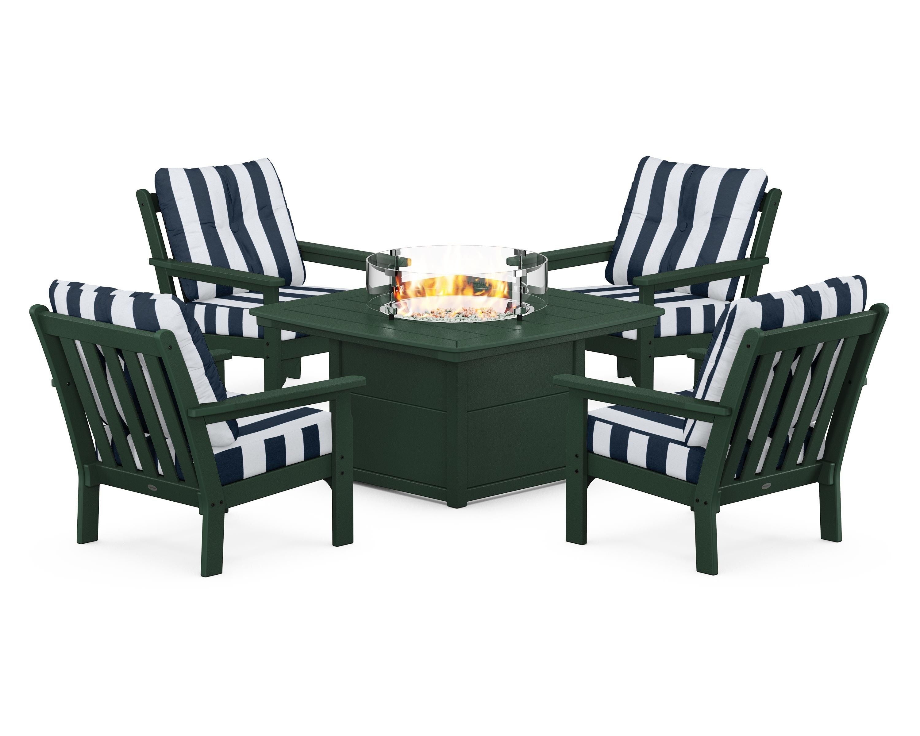 POLYWOOD® Vineyard 5-Piece Conversation Set with Fire Pit Table in Green / Cabana Stripe Marine Indigo