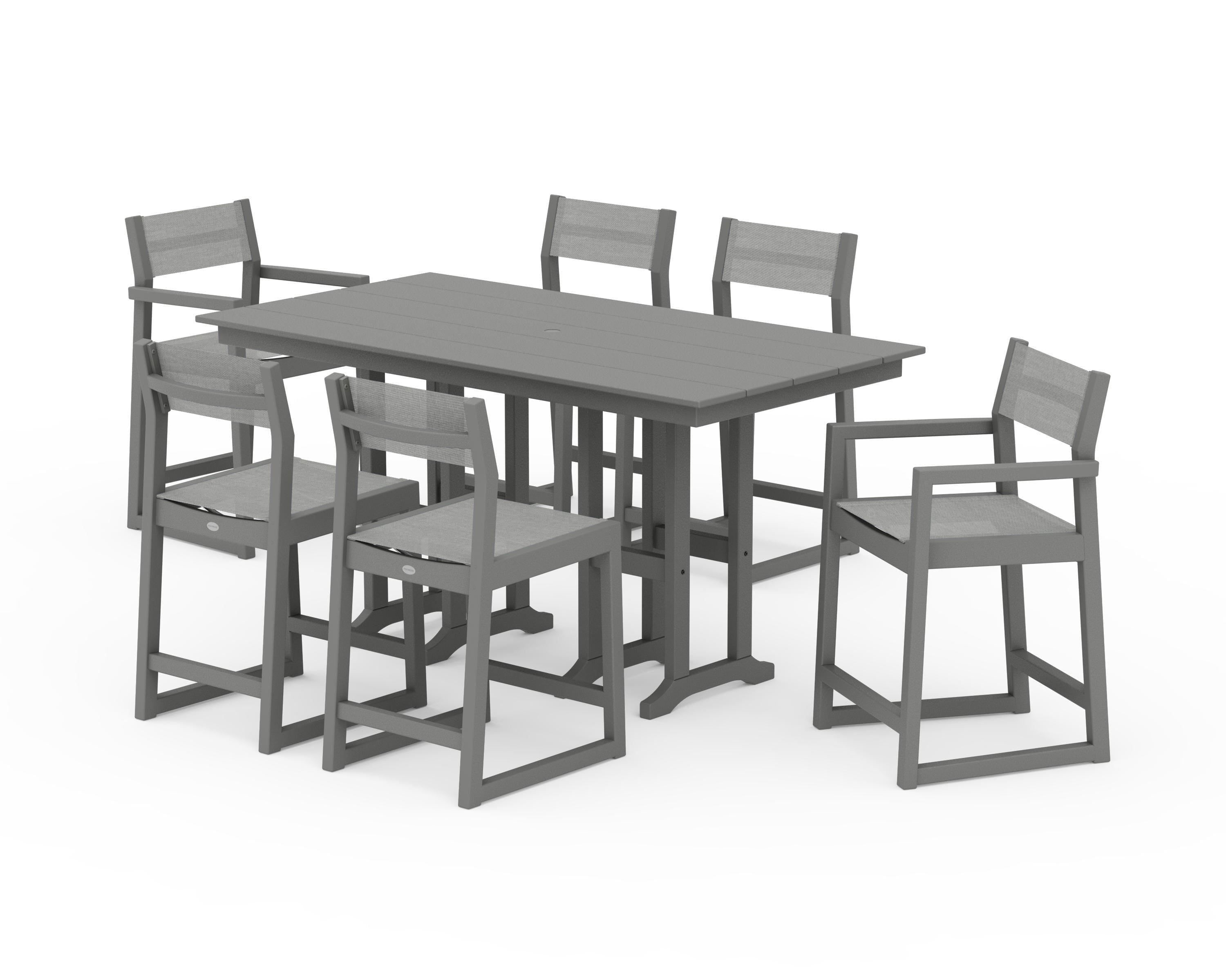 POLYWOOD® EDGE Sling 7-Piece Farmhouse Counter Set in Slate Grey / Metallic Sling