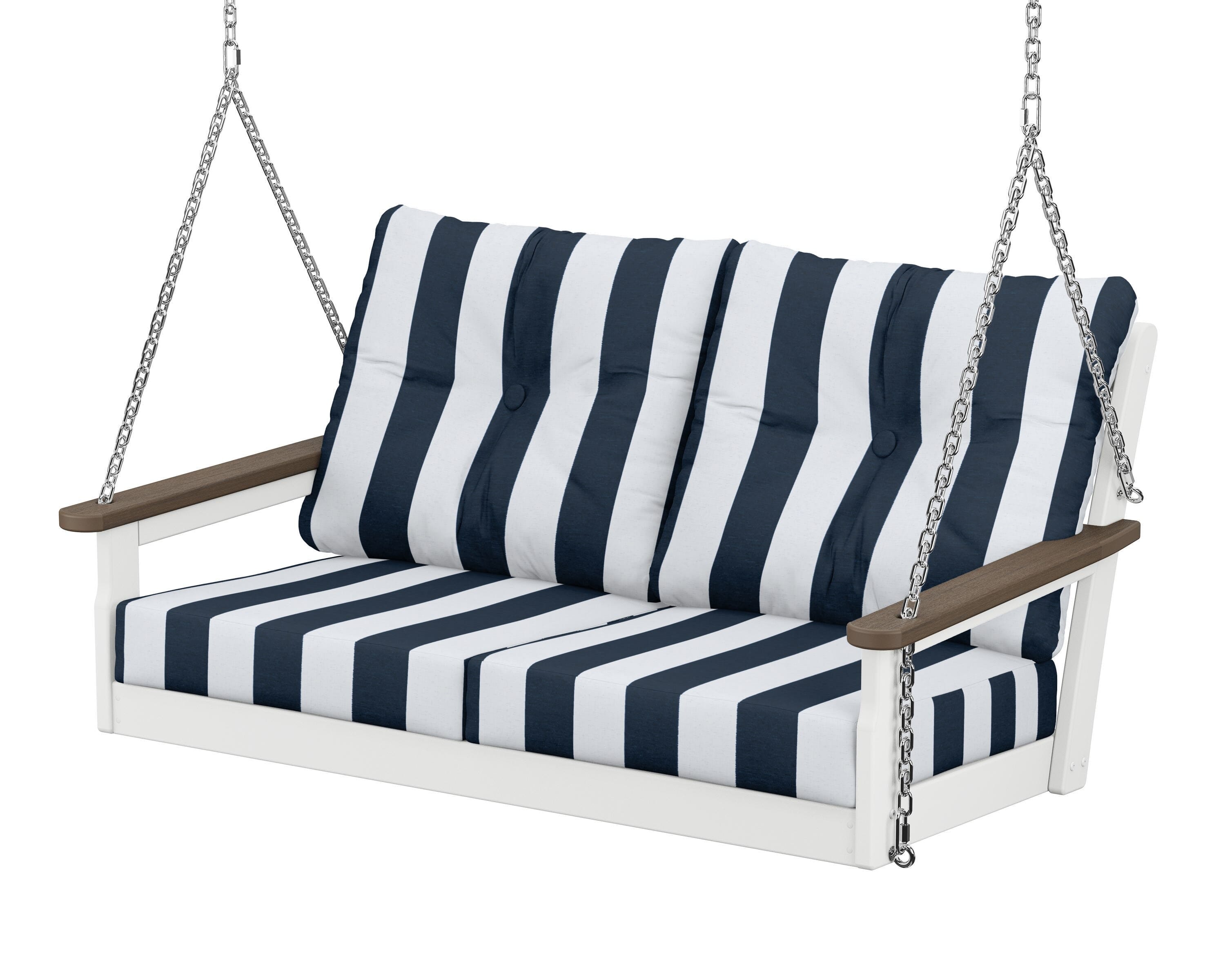 POLYWOOD® Vineyard Deep Seating Swing in White / Kona / Cabana Stripe Marine Indigo