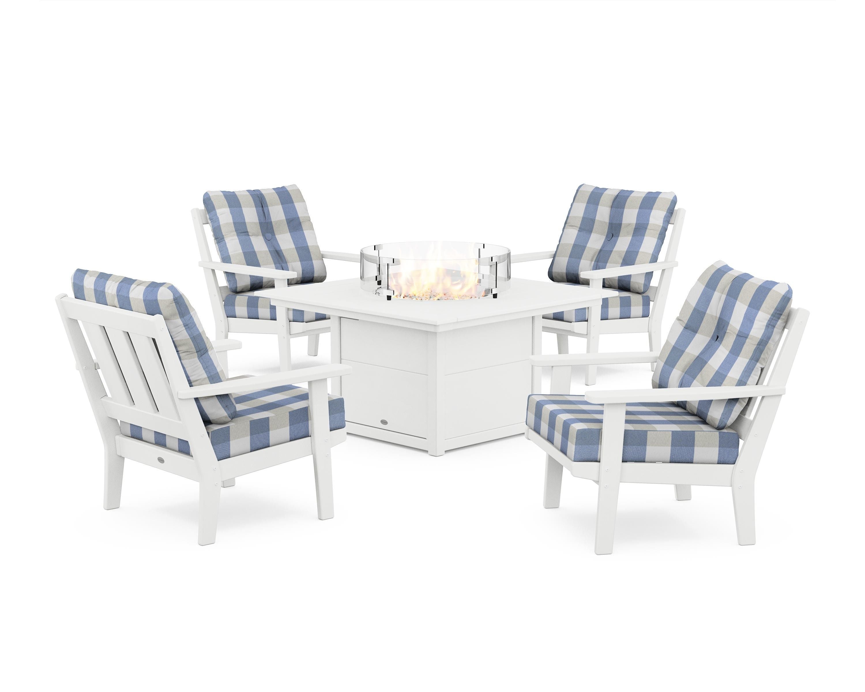 POLYWOOD® Oxford 5-Piece Deep Seating Set with Fire Pit Table in White / Buffalo Plaid Sky Blue