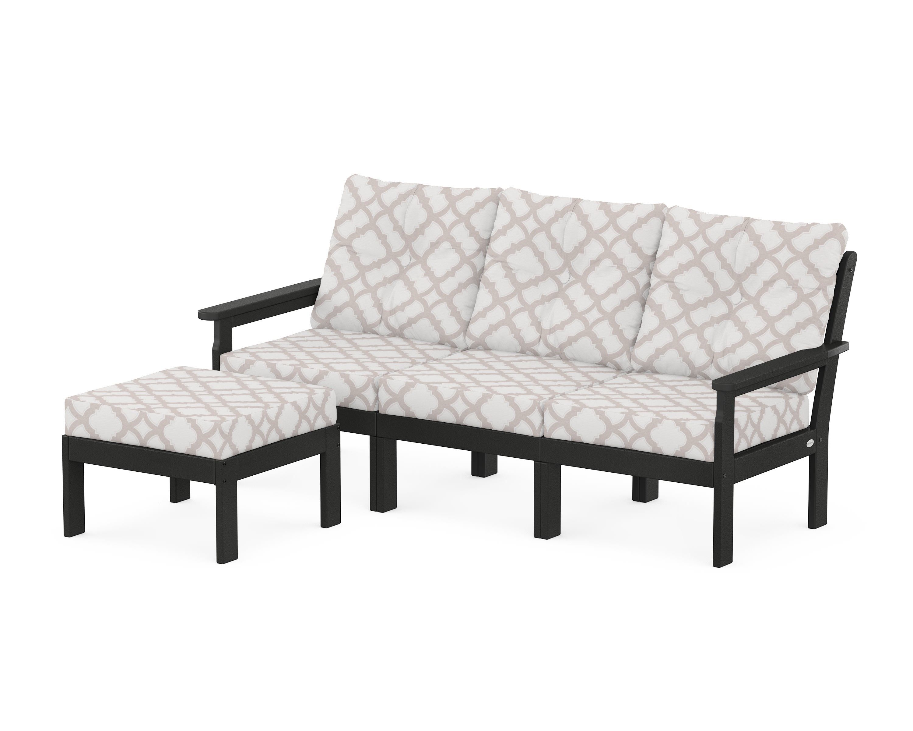POLYWOOD® Vineyard 4-Piece Sectional with Ottoman in Black / Trellis Dune Burlap