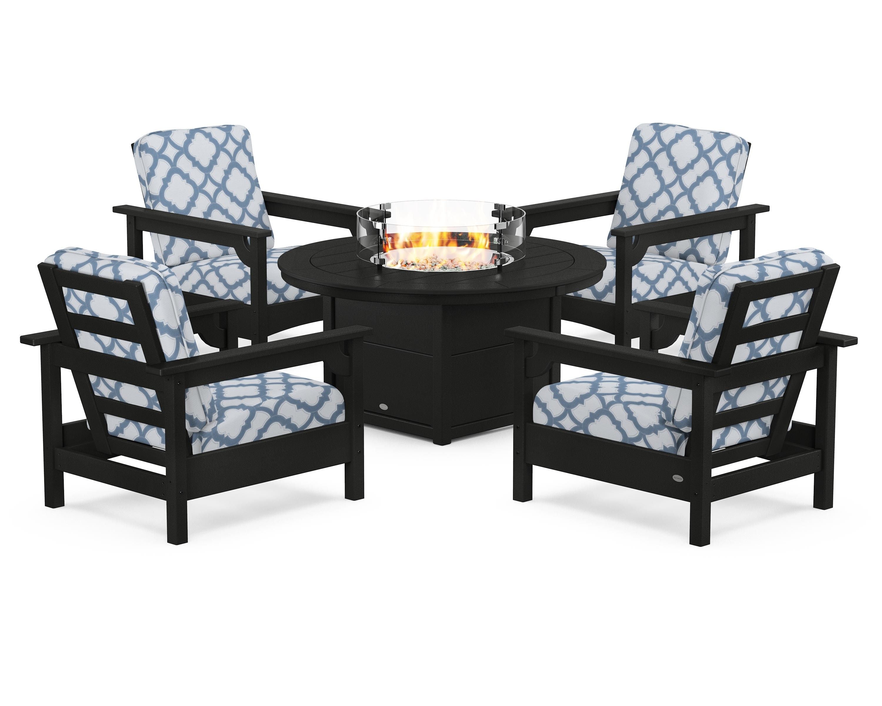 POLYWOOD® Club 5-Piece Conversation Set with Fire Pit Table in Black / Trellis Sky Blue