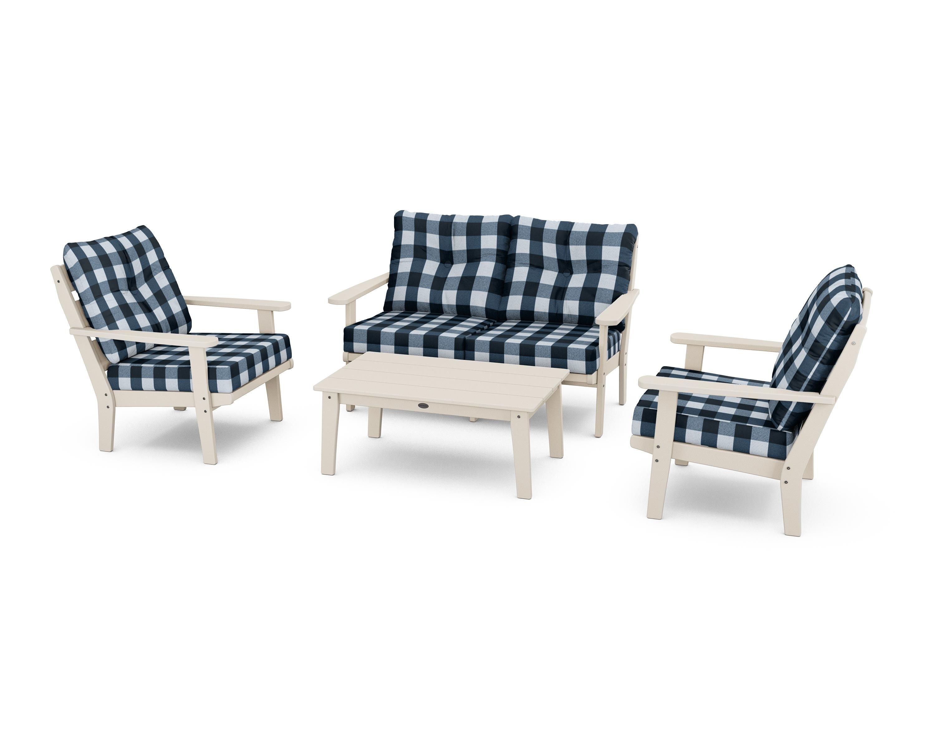 POLYWOOD® Lakeside 4-Piece Deep Seating Set in Sand / Buffalo Plaid Marine Indigo