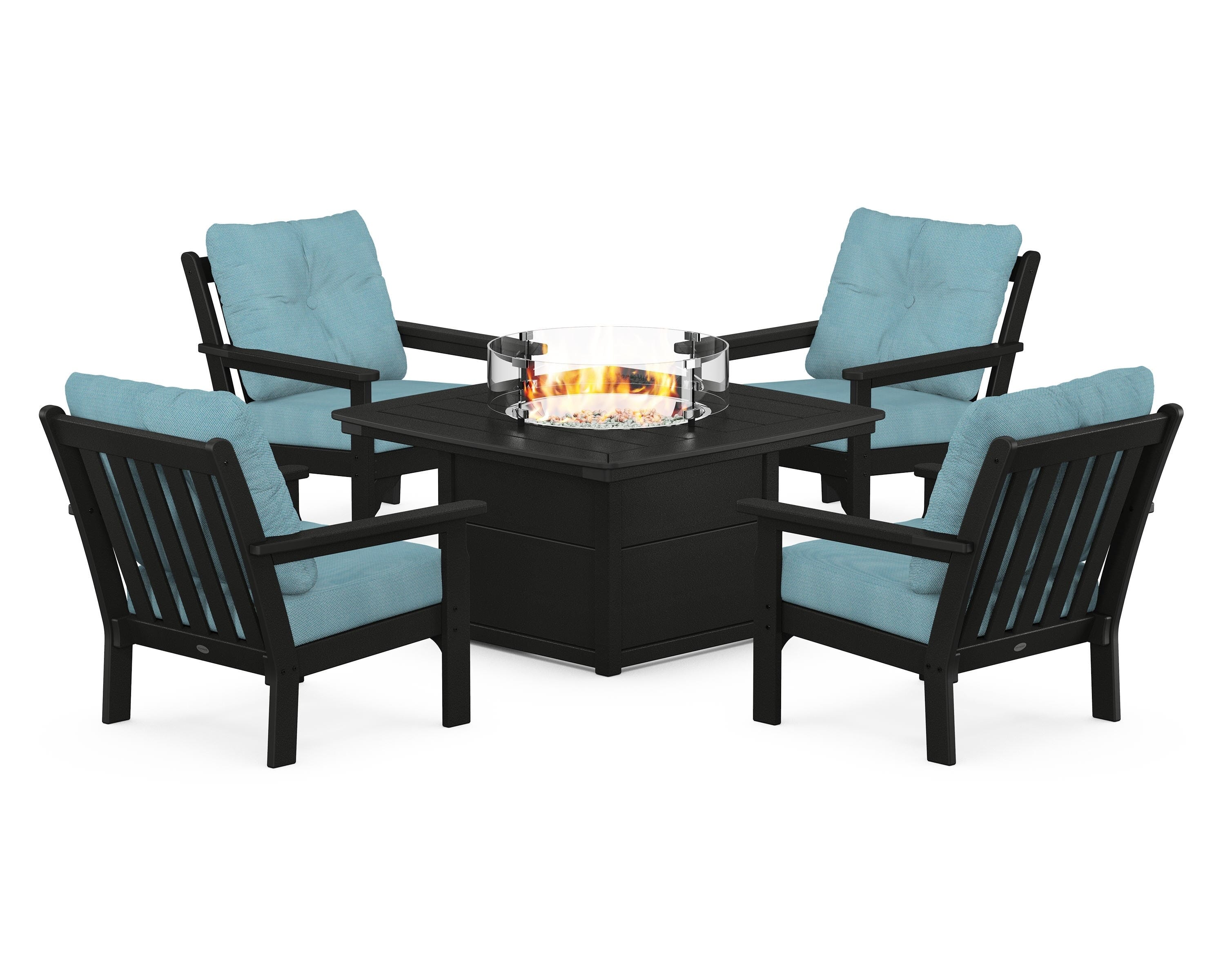 POLYWOOD® Vineyard 5-Piece Conversation Set with Fire Pit Table in Black / Lattice Sky Blue