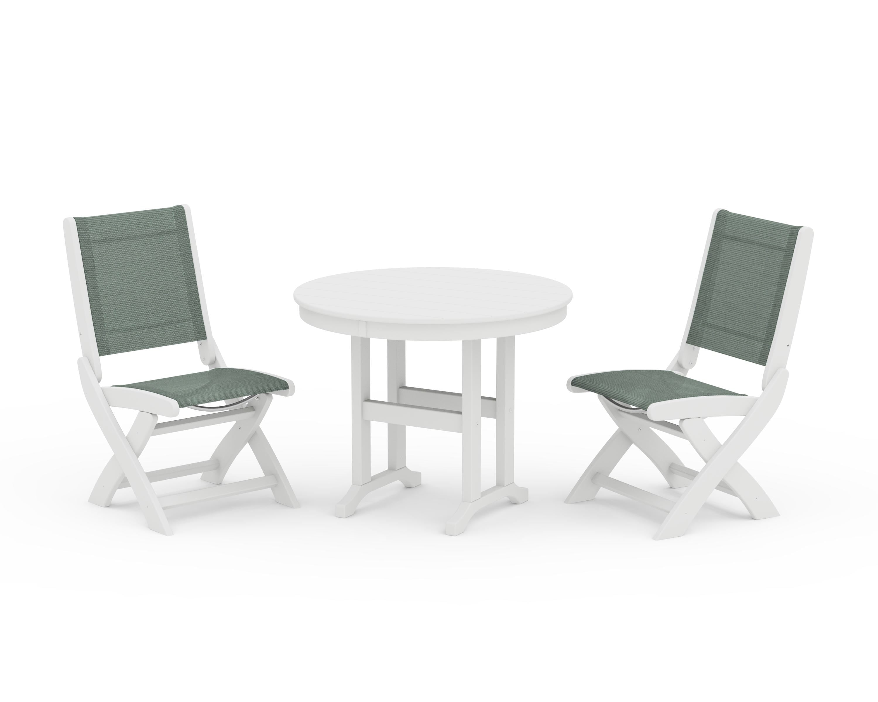 POLYWOOD® Coastal Folding Side Chair 3-Piece Round Dining Set in White / Dupioni Sea Mist Sling