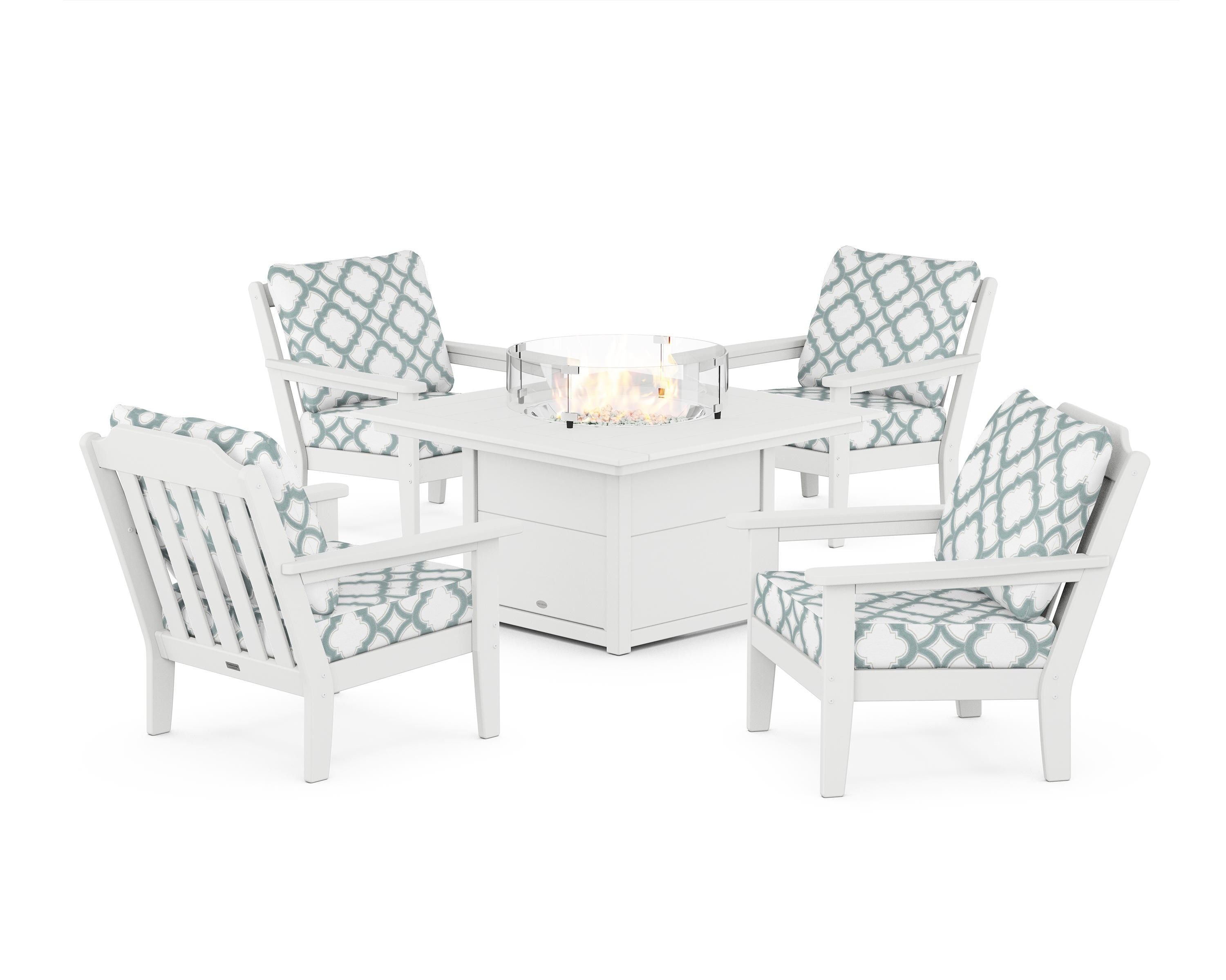 Country Living Cottage 5-Piece Deep Seating Set with Fire Pit Table in White / Trellis Glacier Spa