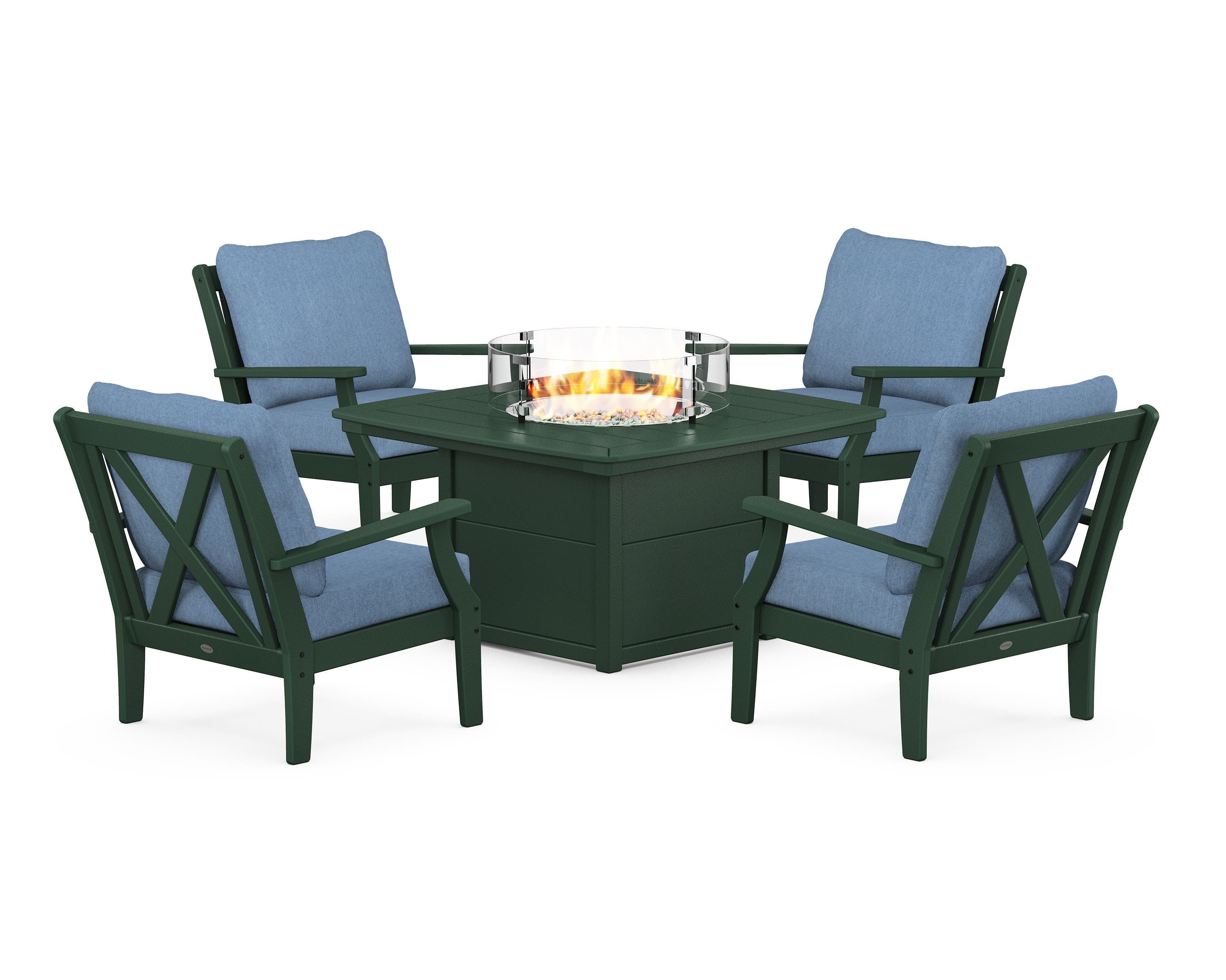 POLYWOOD® Braxton 5-Piece Deep Seating Conversation Set with Fire Pit Table in Green / Sky Blue