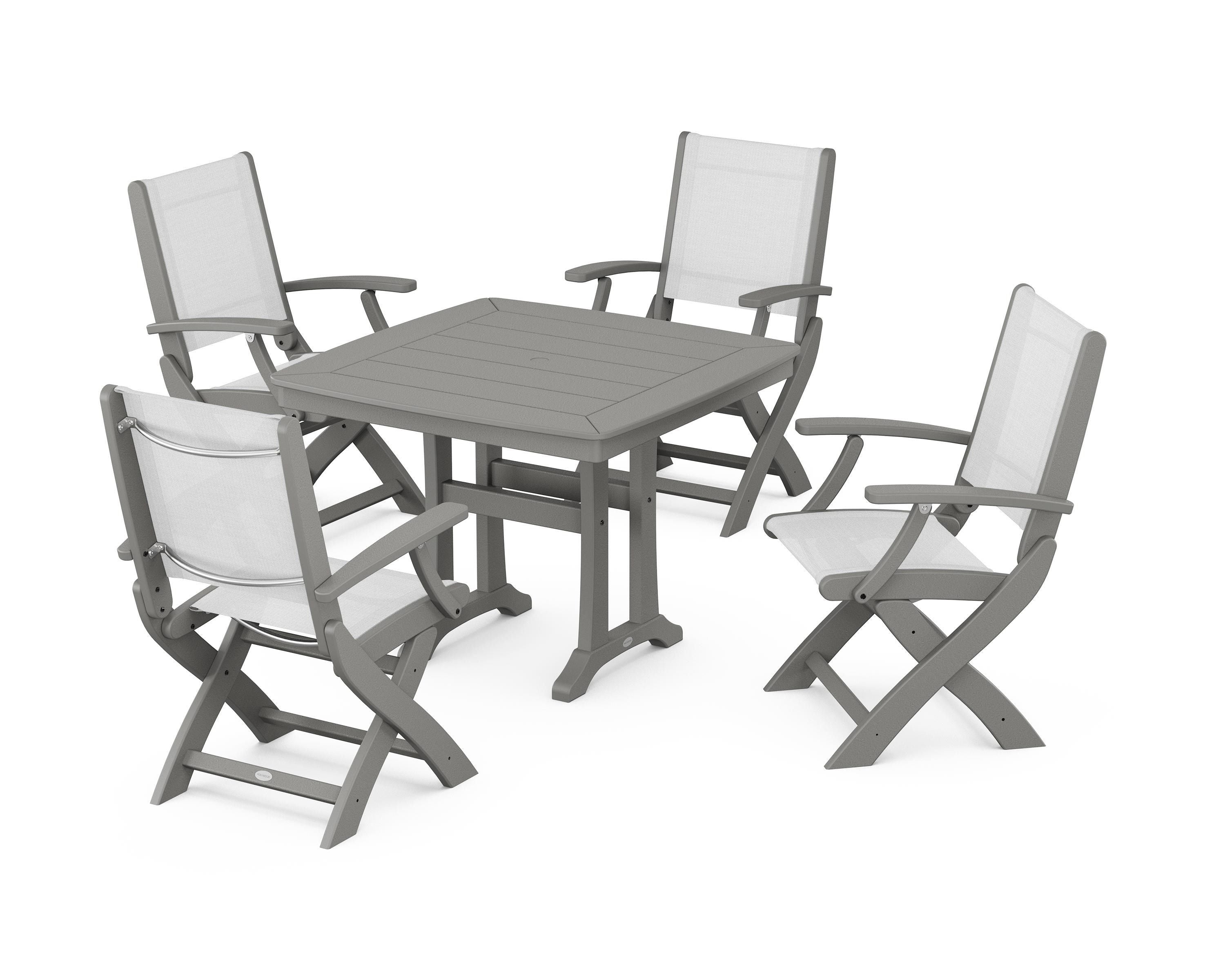 POLYWOOD® Coastal Folding Chair 5-Piece Dining Set with Trestle Legs in Slate Grey / White Sling