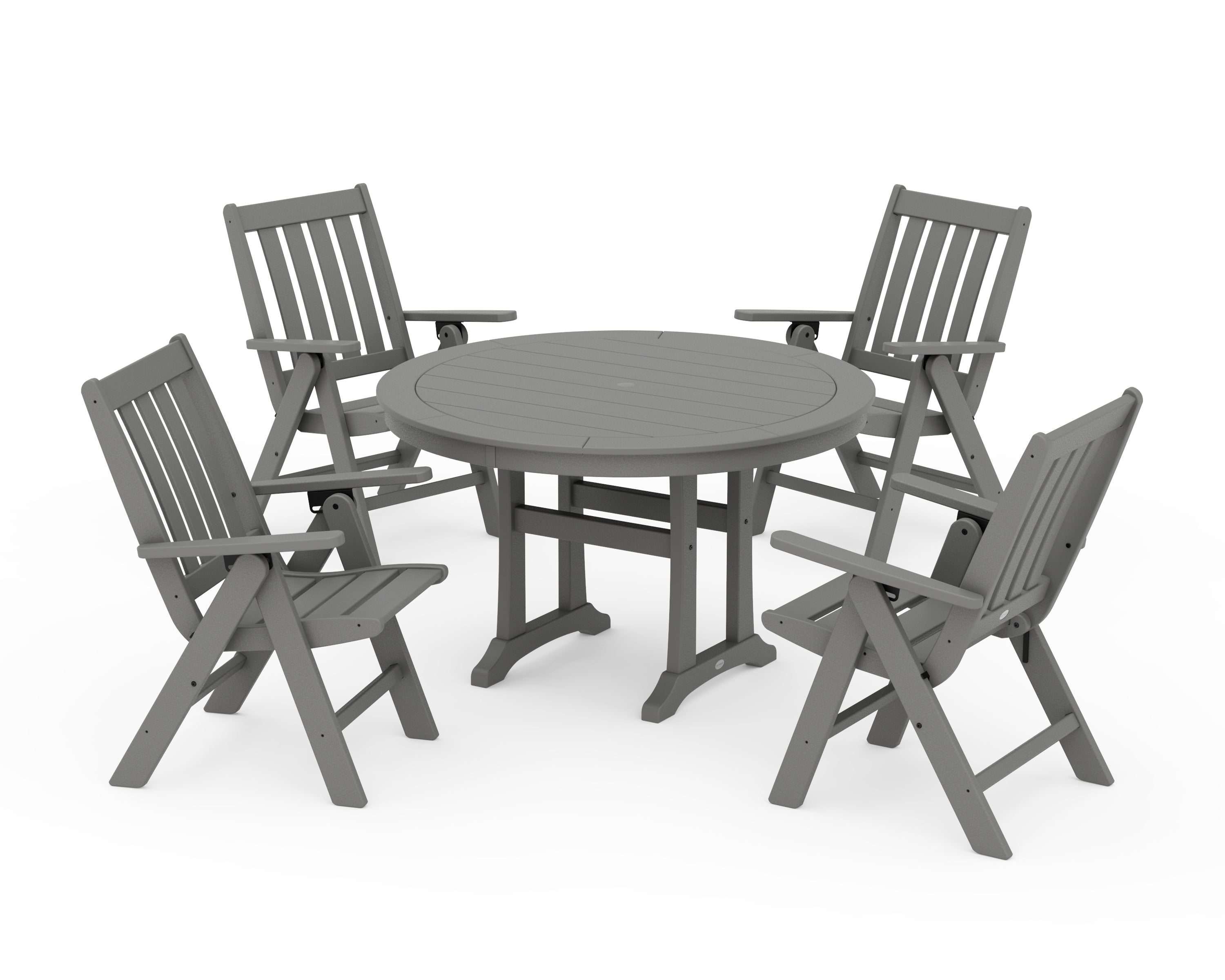 POLYWOOD® Vineyard Folding Chair 5-Piece Round Dining Set with Trestle Legs in Slate Grey