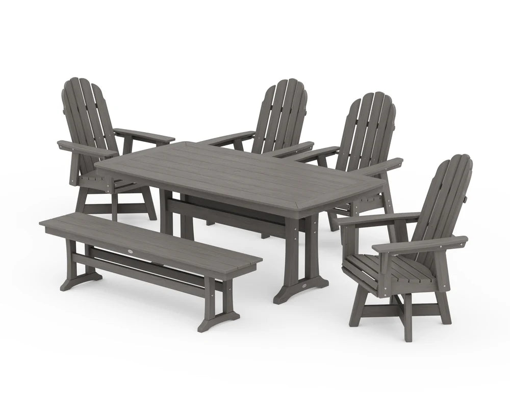 Vineyard Curveback Adirondack Swivel Chair 6-Piece Dining Set with Trestle Legs and Bench