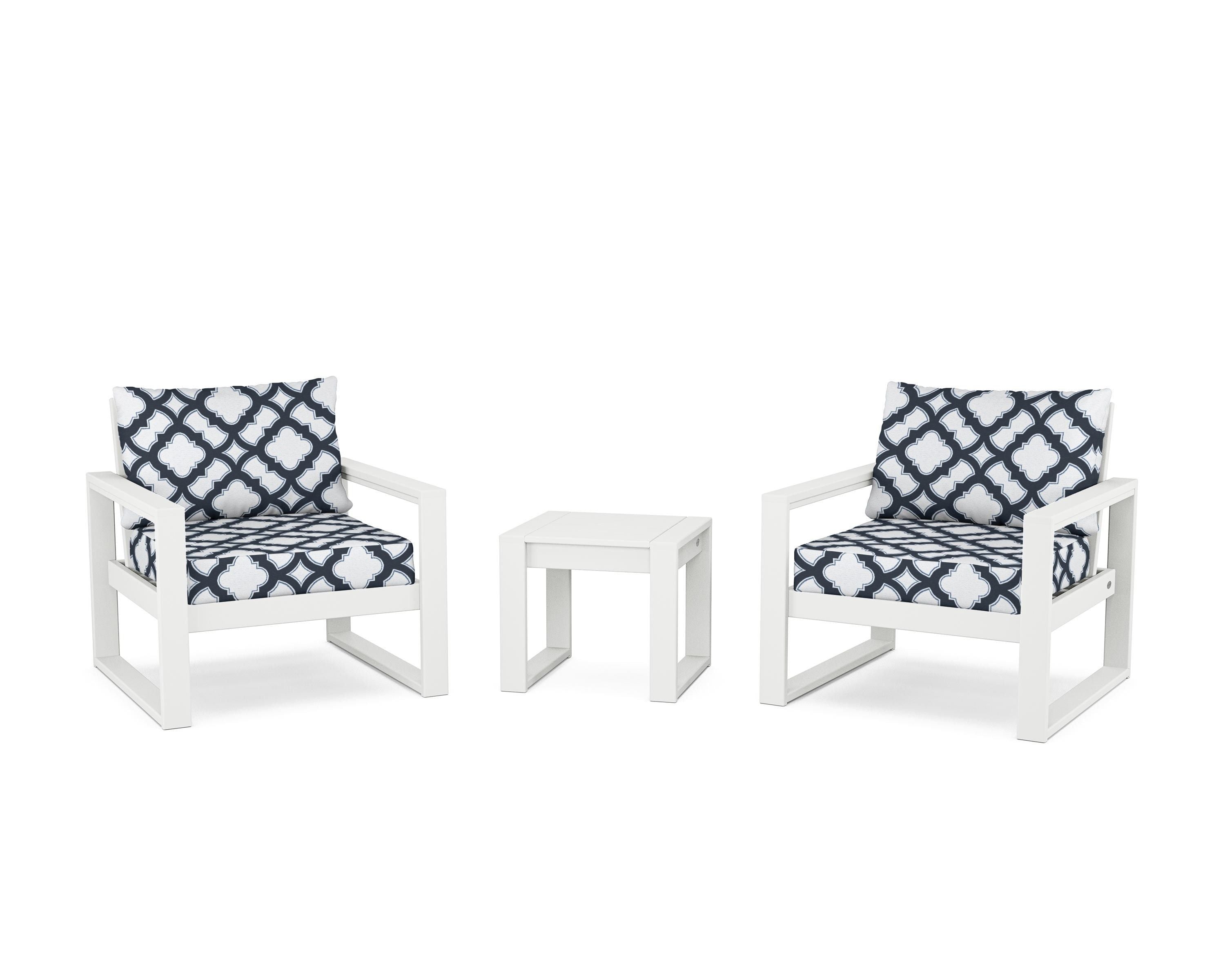 POLYWOOD® EDGE Sectional 3-Piece Deep Seating Set in White / Trellis Marine Indigo