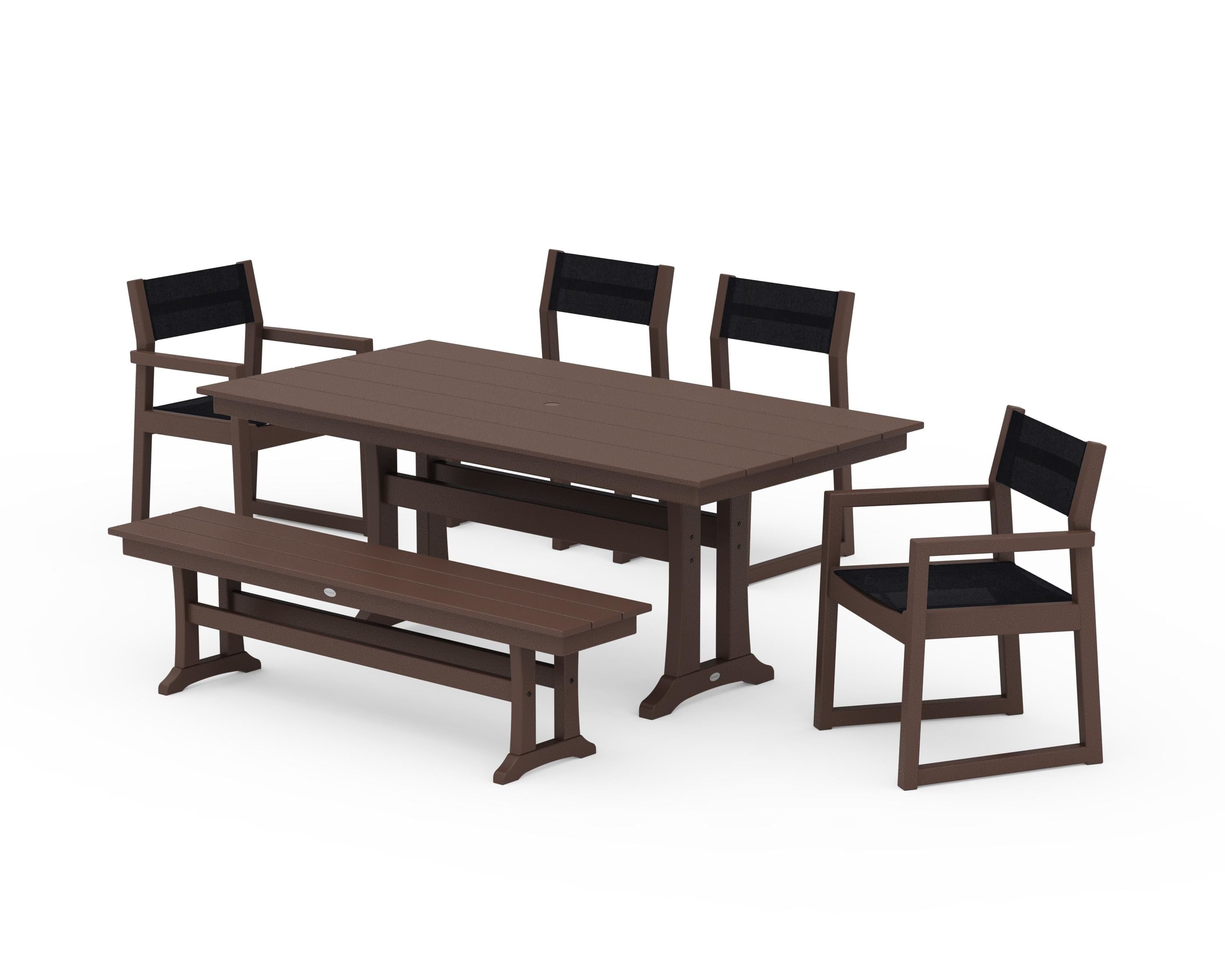 POLYWOOD® EDGE Sling 6-Piece Farmhouse Dining Set With Trestle Legs in Mahogany / Black Sling