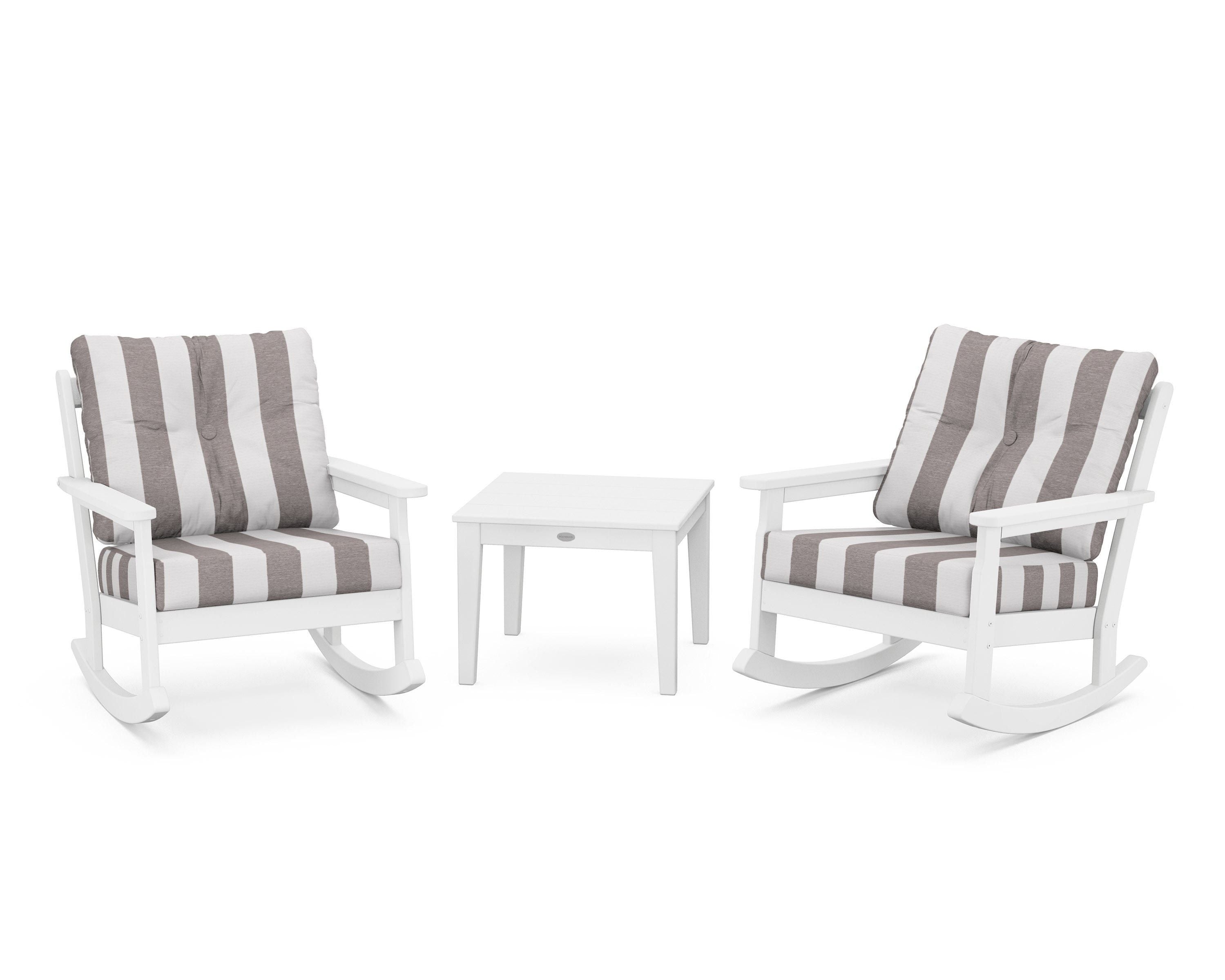 POLYWOOD® Vineyard 3-Piece Deep Seating Rocker Set in White / Cabana Stripe Grey Mist