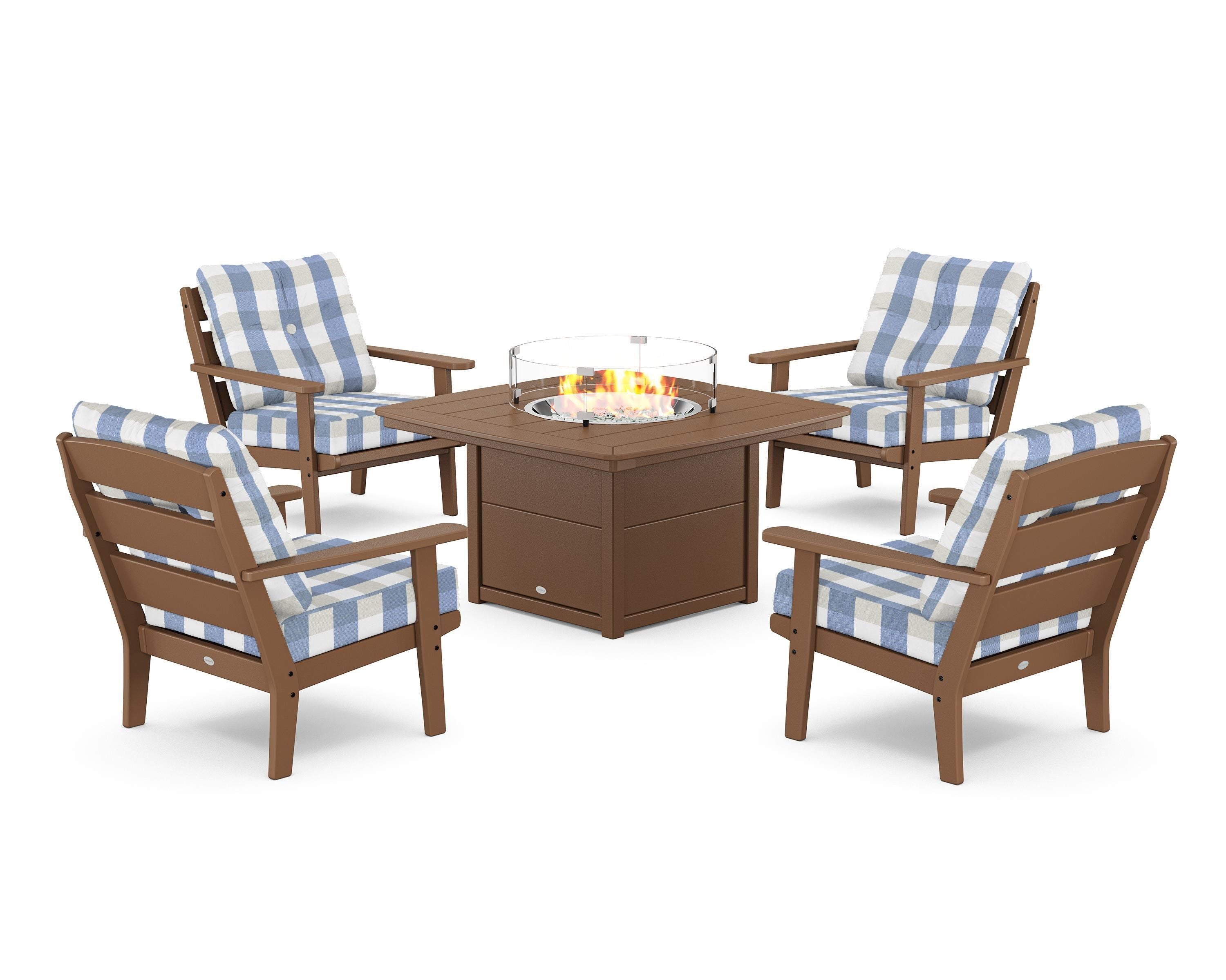 POLYWOOD® Lakeside 5-Piece Deep Seating Set with Nautical Fire Pit Table in Teak / Buffalo Plaid Sky Blue