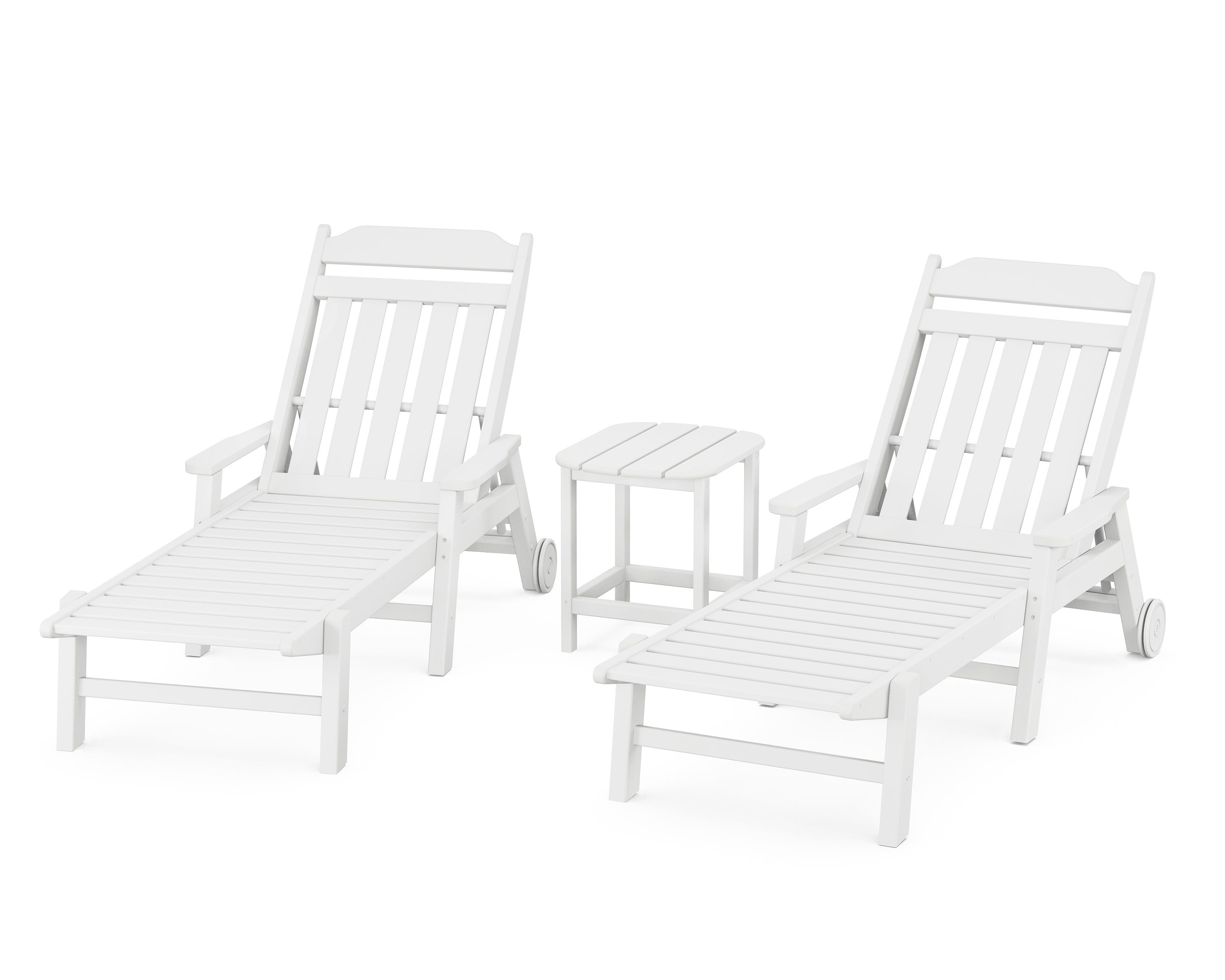 Country Living Cottage 3-Piece Chaise Set with Arms and Wheels in White