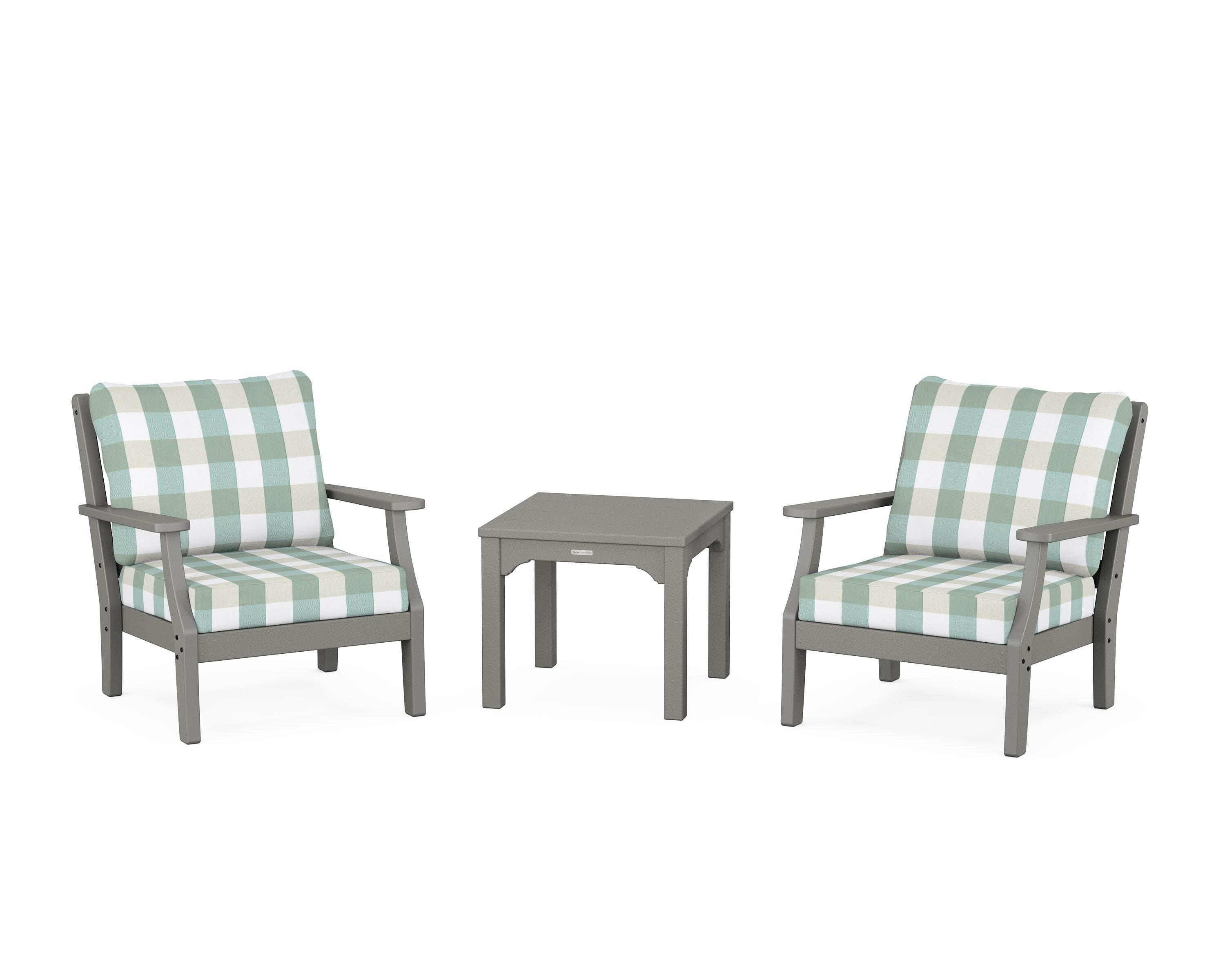 Martha Stewart by POLYWOOD® Chinoiserie 3-Piece Deep Seating Set in Slate Grey / Buffalo Plaid Glacier Spa