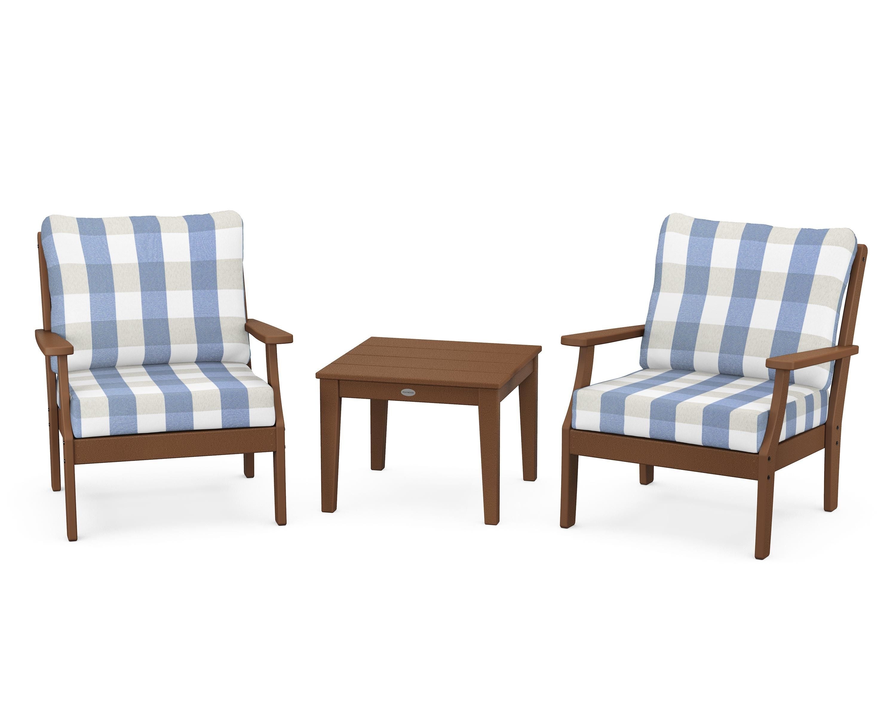POLYWOOD® Braxton 3-Piece Deep Seating Set in Teak / Buffalo Plaid Sky Blue