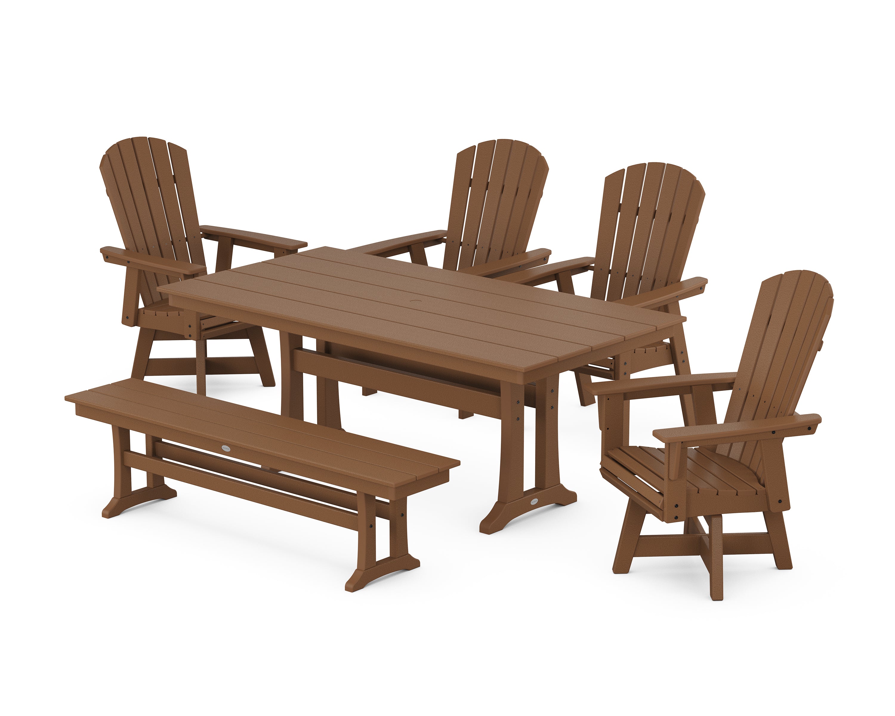 POLYWOOD® Nautical Adirondack Swivel 6-Piece Farmhouse Dining Set With Trestle Legs in Teak