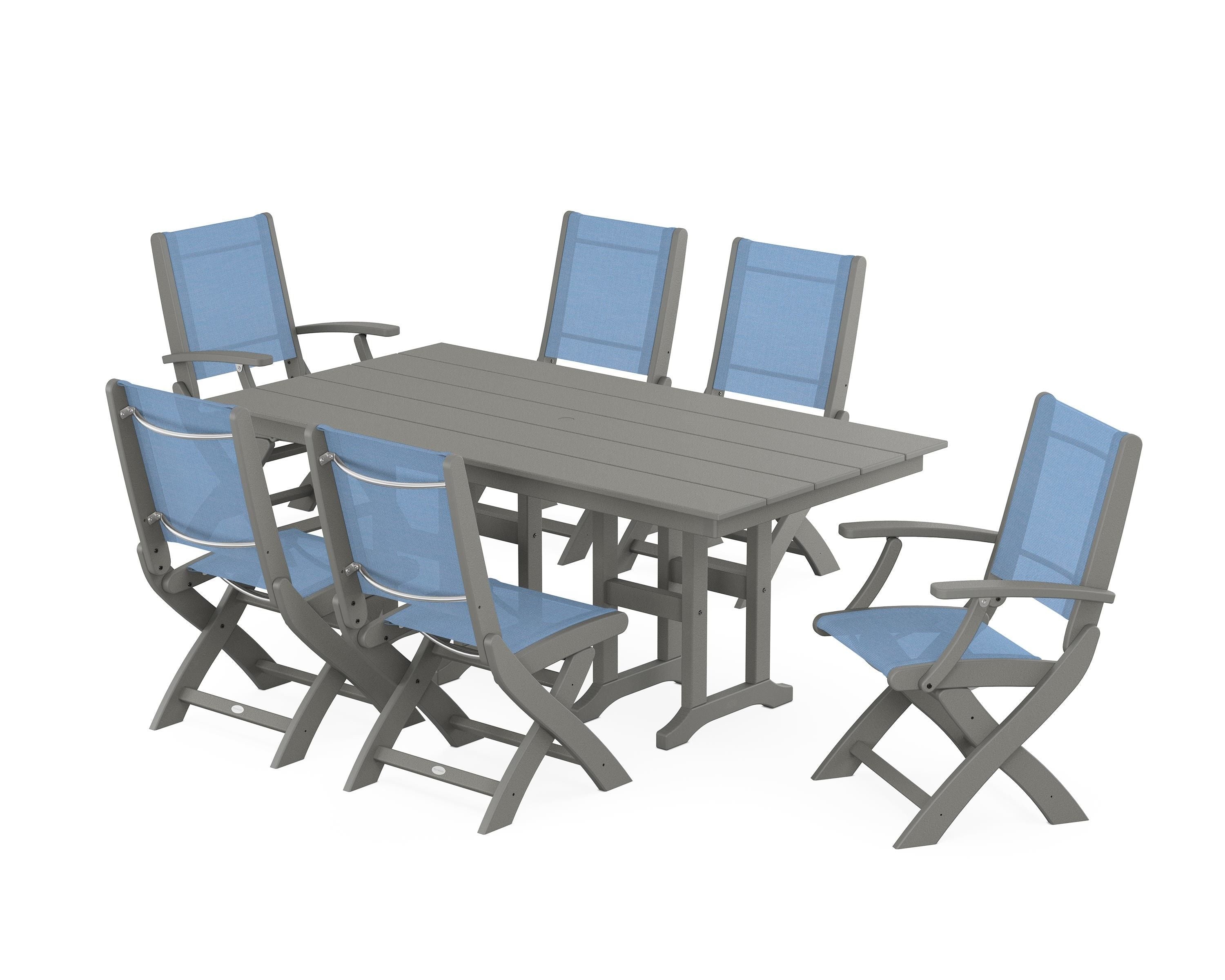 POLYWOOD® Coastal Folding Chair 7-Piece Farmhouse Dining Set in Slate Grey / Poolside Sling