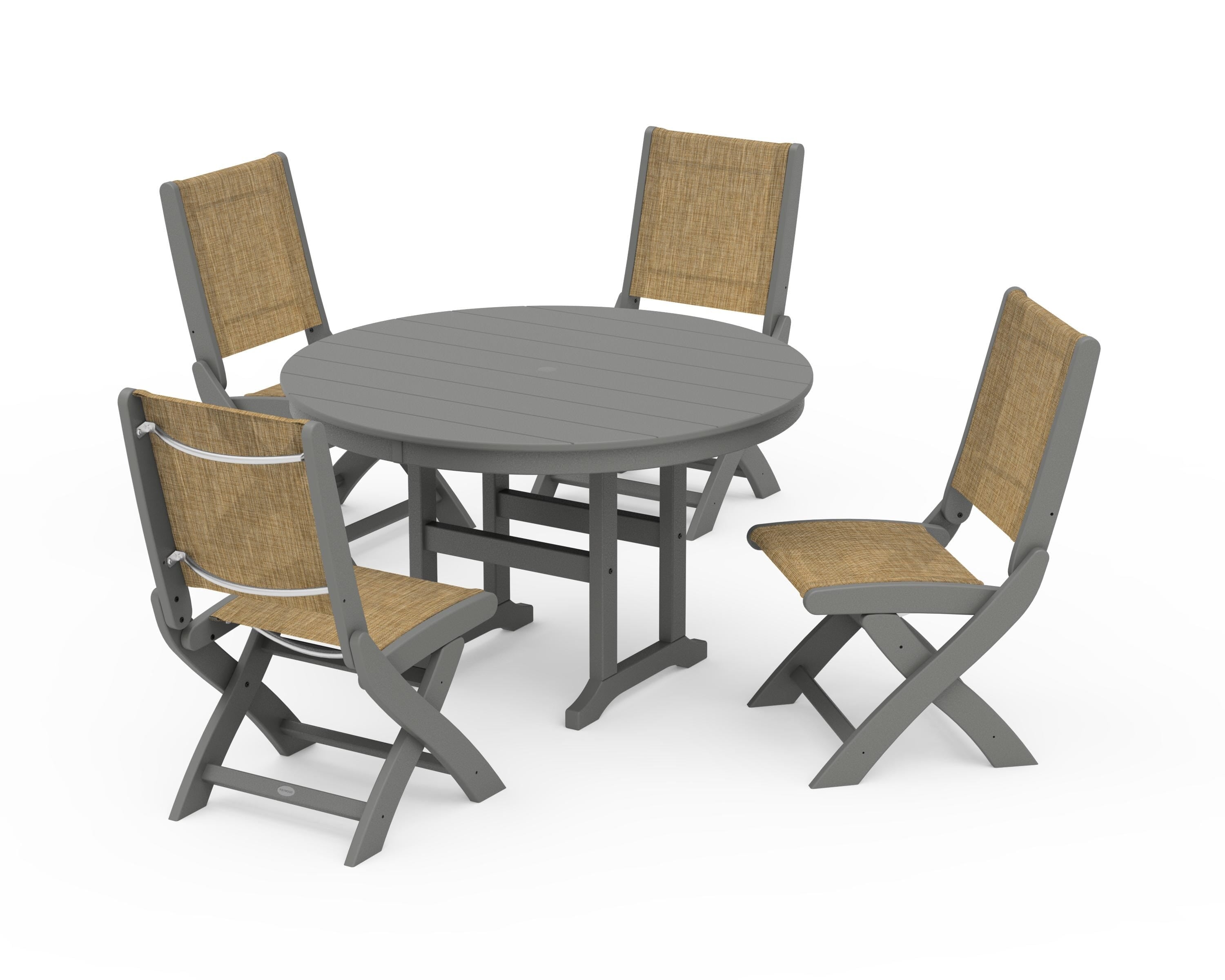 POLYWOOD® Coastal Folding Side Chair 5-Piece Round Dining Set in Slate Grey / Burlap Sling