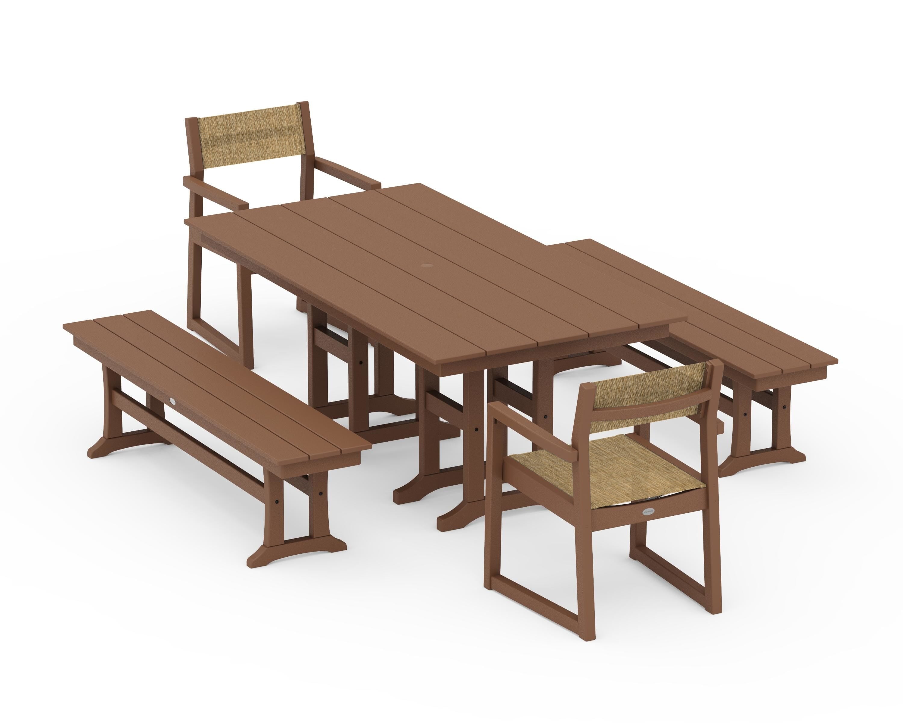 POLYWOOD® EDGE Sling Arm Chair 5-Piece Farmhouse Dining Set with Benches in Teak / Burlap Sling