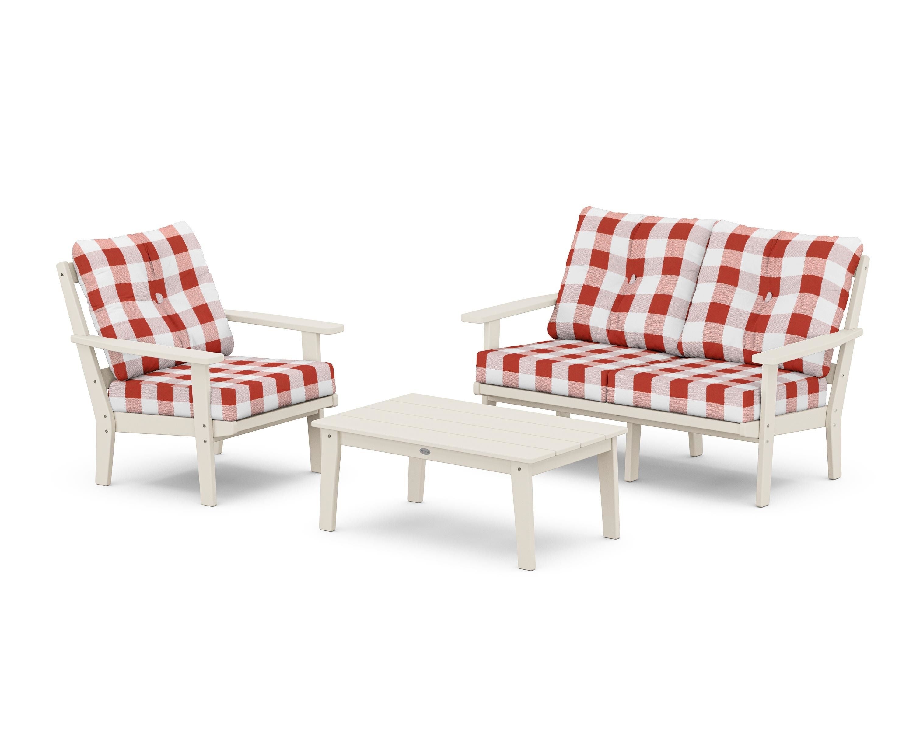 POLYWOOD® Prairie 3-Piece Deep Seating Set with Loveseat in Sand / Buffalo Plaid Crimson