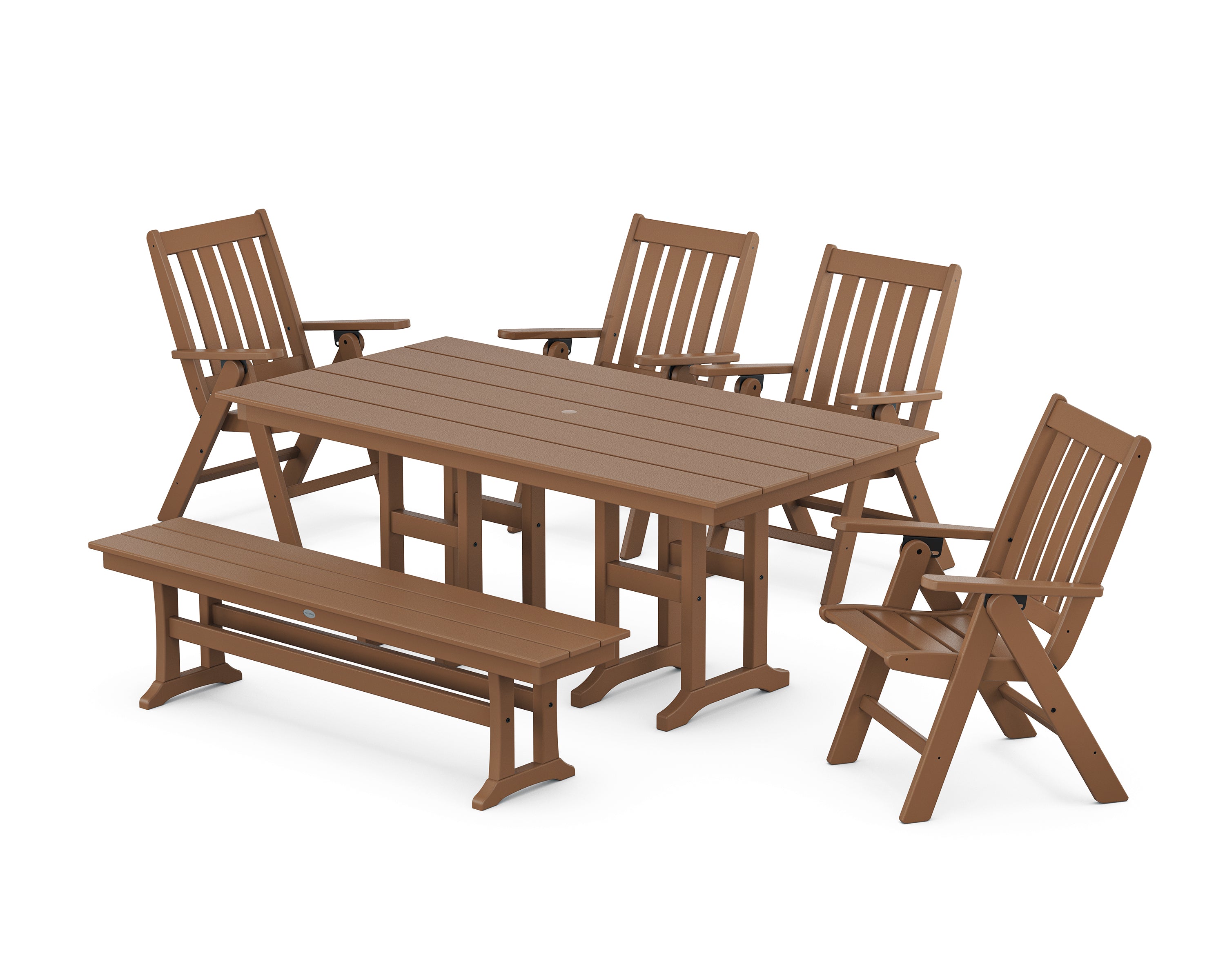 POLYWOOD® Vineyard Folding Chair 6-Piece Farmhouse Dining Set with Bench in Teak