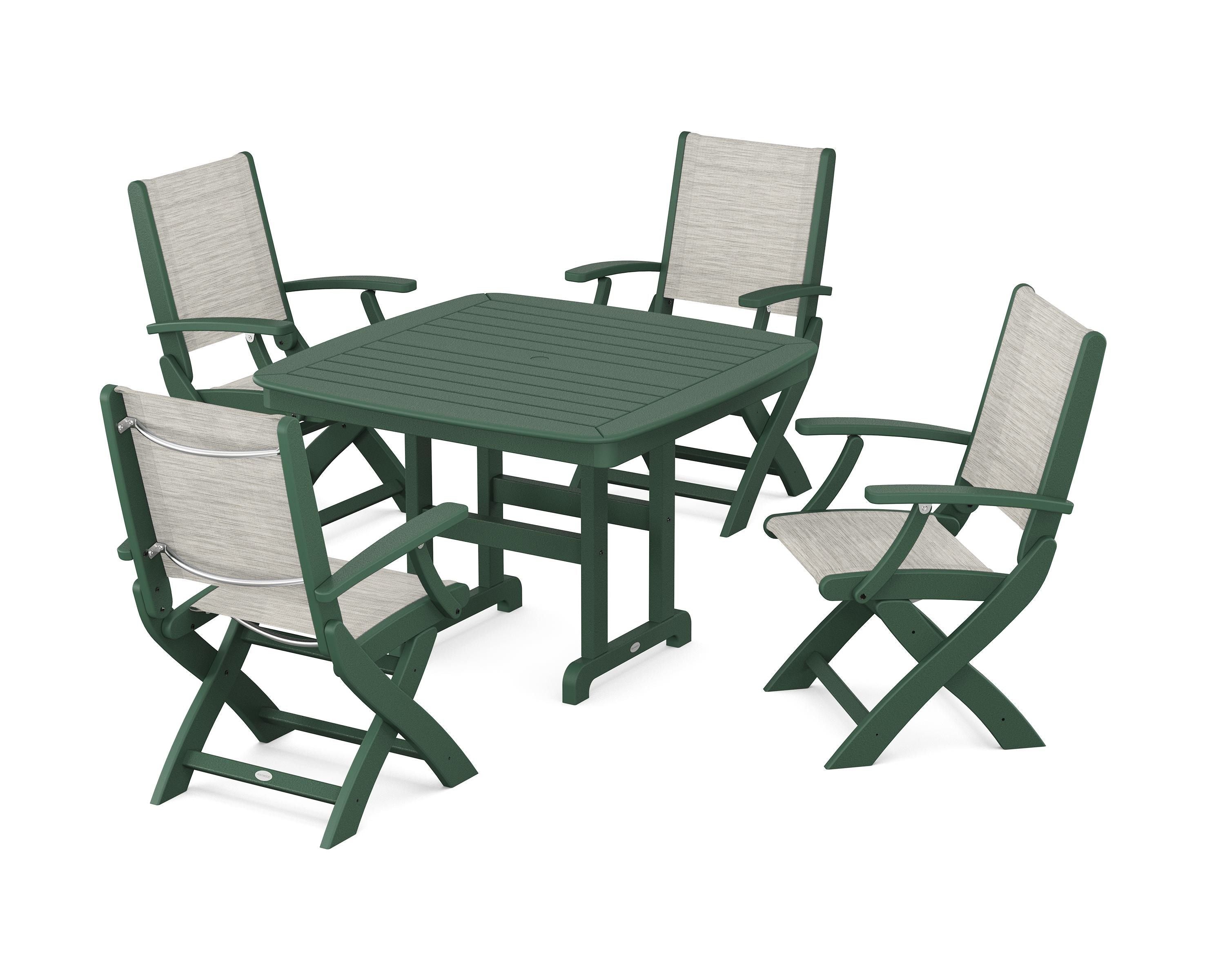 POLYWOOD® Coastal Folding Chair 5-Piece Dining Set in Green / Birch Sling