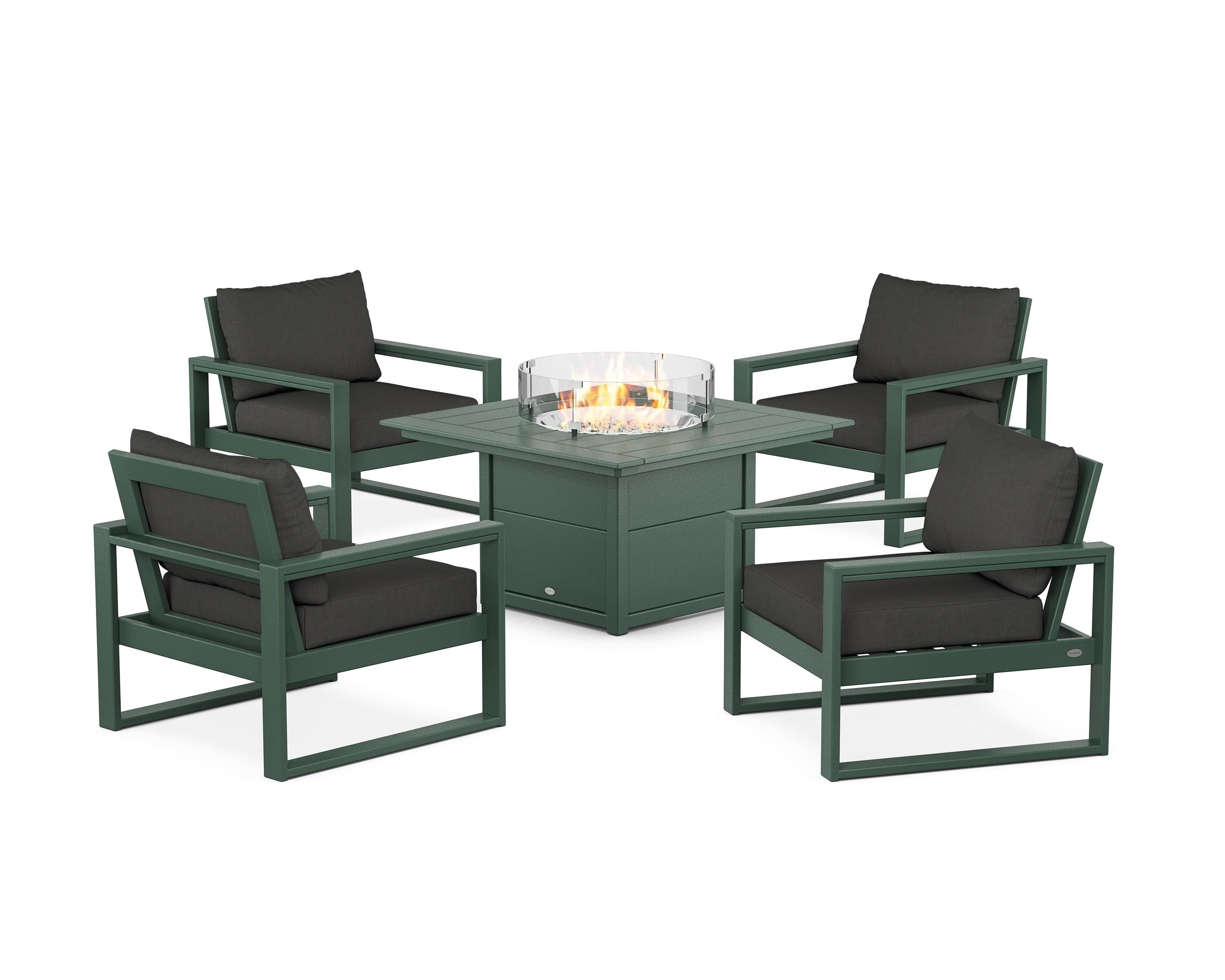 POLYWOOD® EDGE Sectional 5-Piece Deep Seating Set with Fire Pit Table in Green / Spectrum Carbon