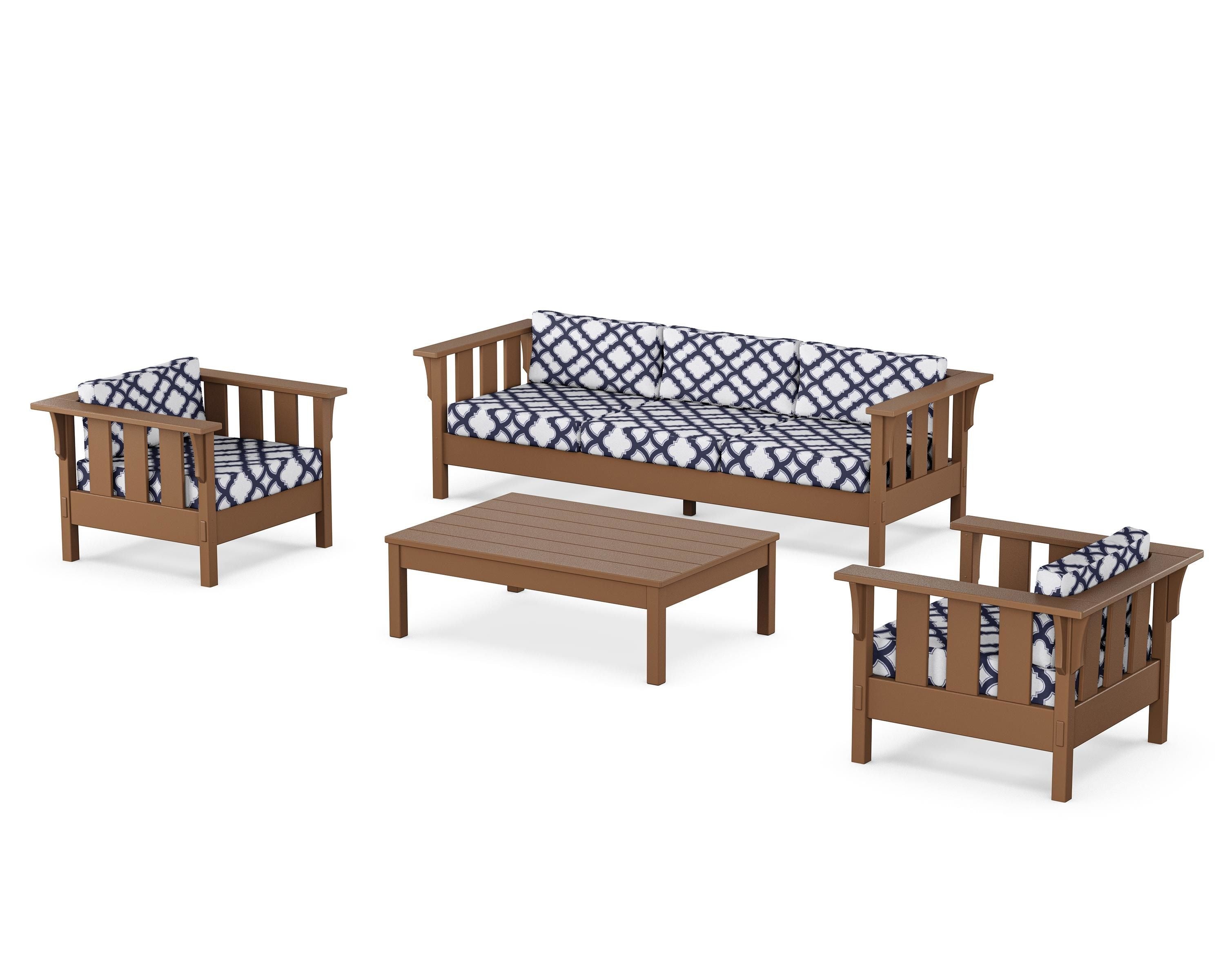 Martha Stewart by POLYWOOD® Acadia 4-Piece Deep Seating Set with Sofa in Teak / Trellis Navy