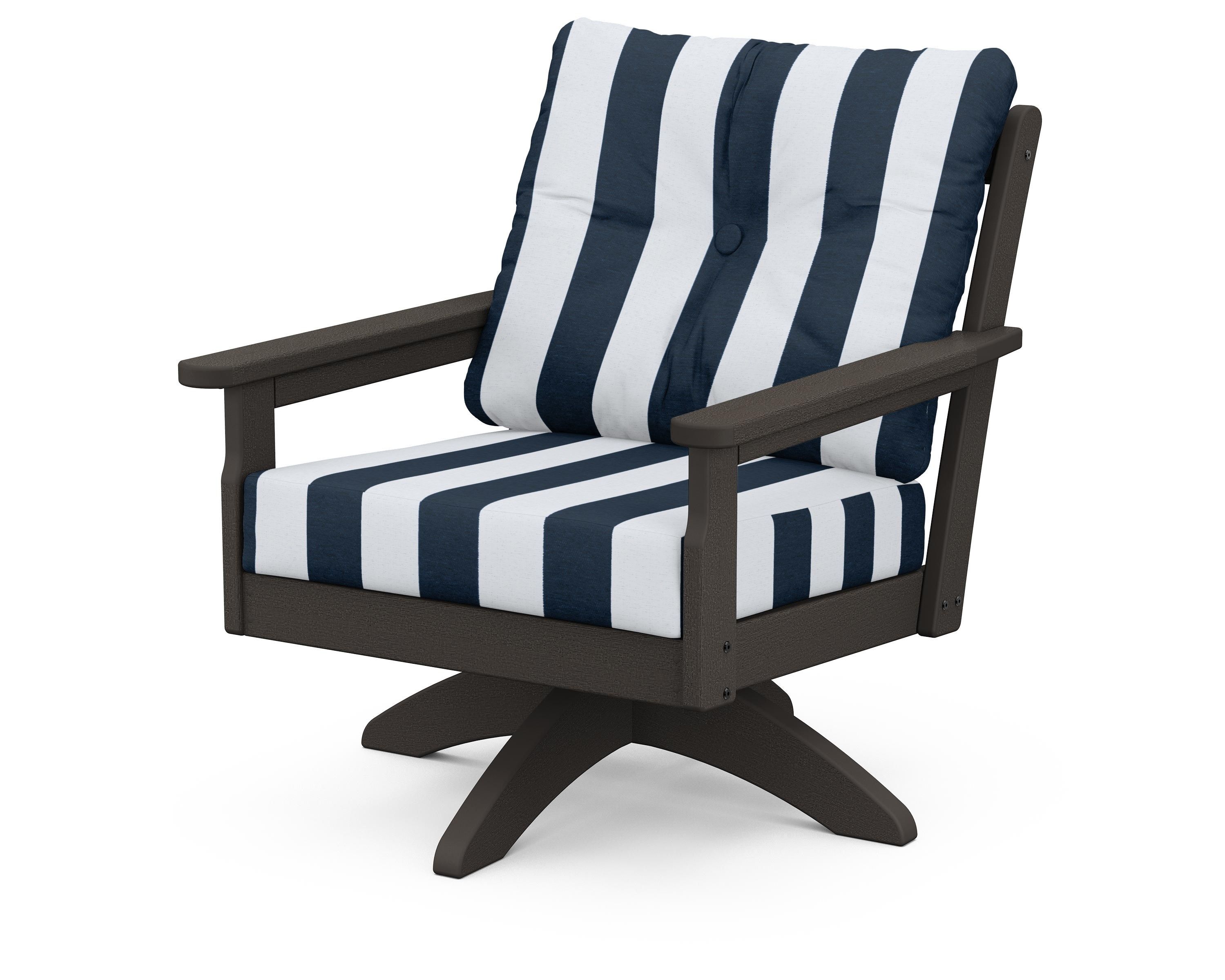 POLYWOOD® Vineyard Deep Seating Swivel Chair in Vintage Coffee / Cabana Stripe Marine Indigo