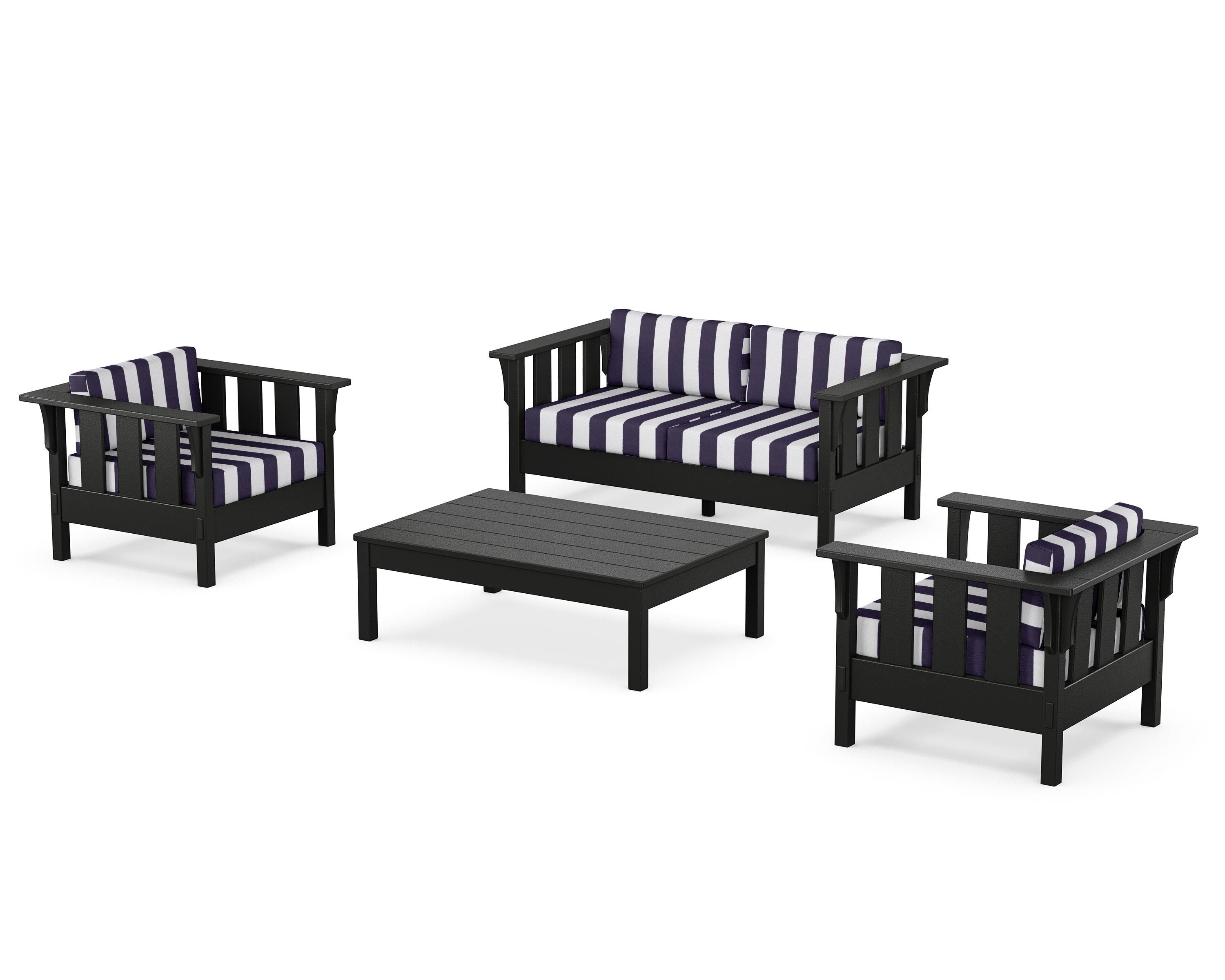 Martha Stewart by POLYWOOD® Acadia 4-Piece Deep Seating Set with Loveseat in Black / Cabana Stripe Navy