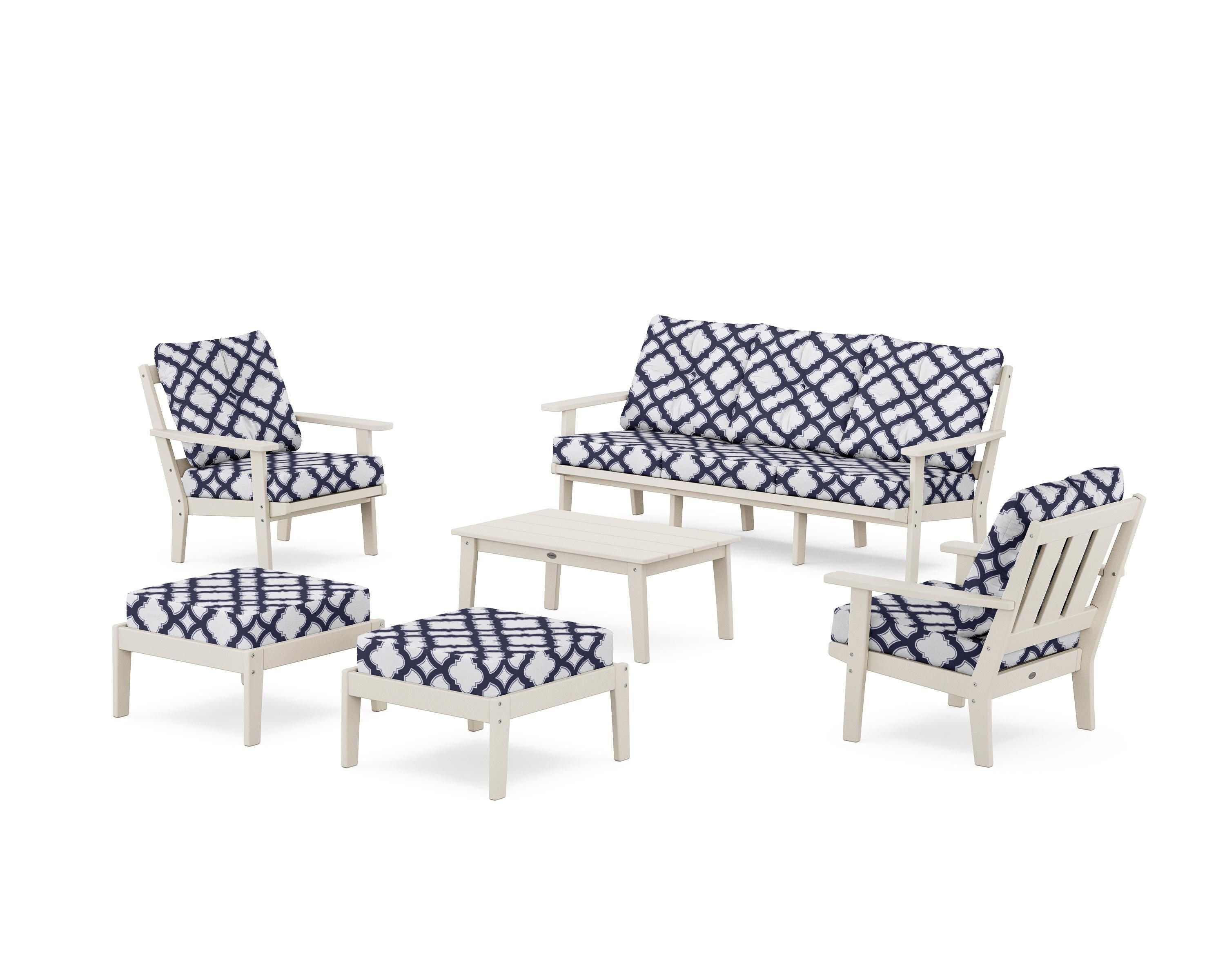 POLYWOOD® Oxford 6-Piece Lounge Sofa Set in Sand / Trellis Navy