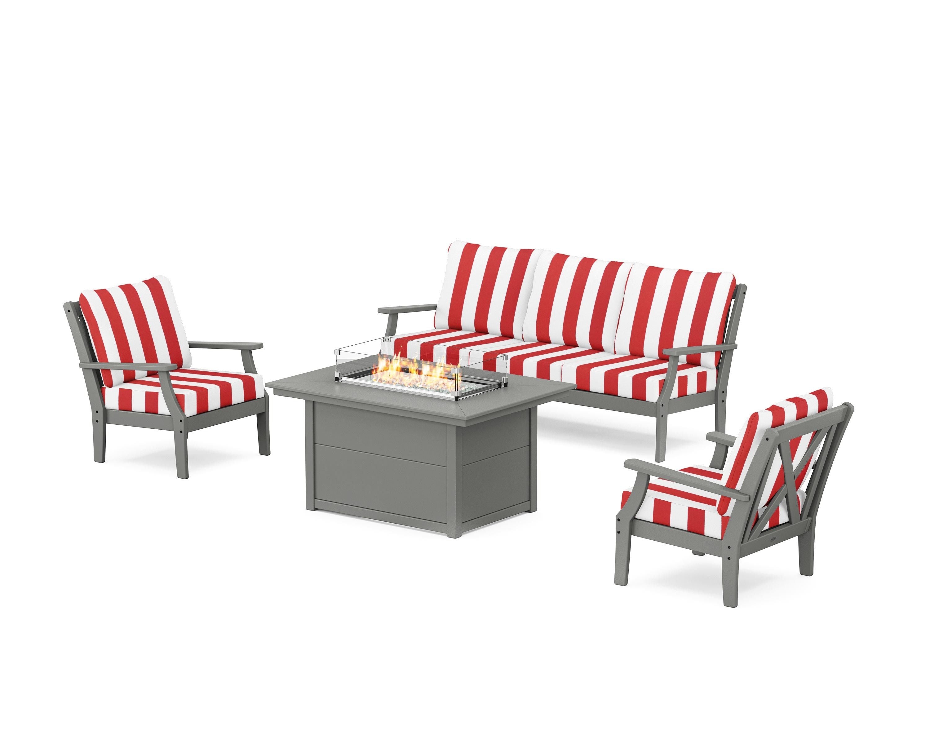 POLYWOOD® Braxton Deep Seating Fire Pit Table Set in Slate Grey / Cabana Stripe Crimson