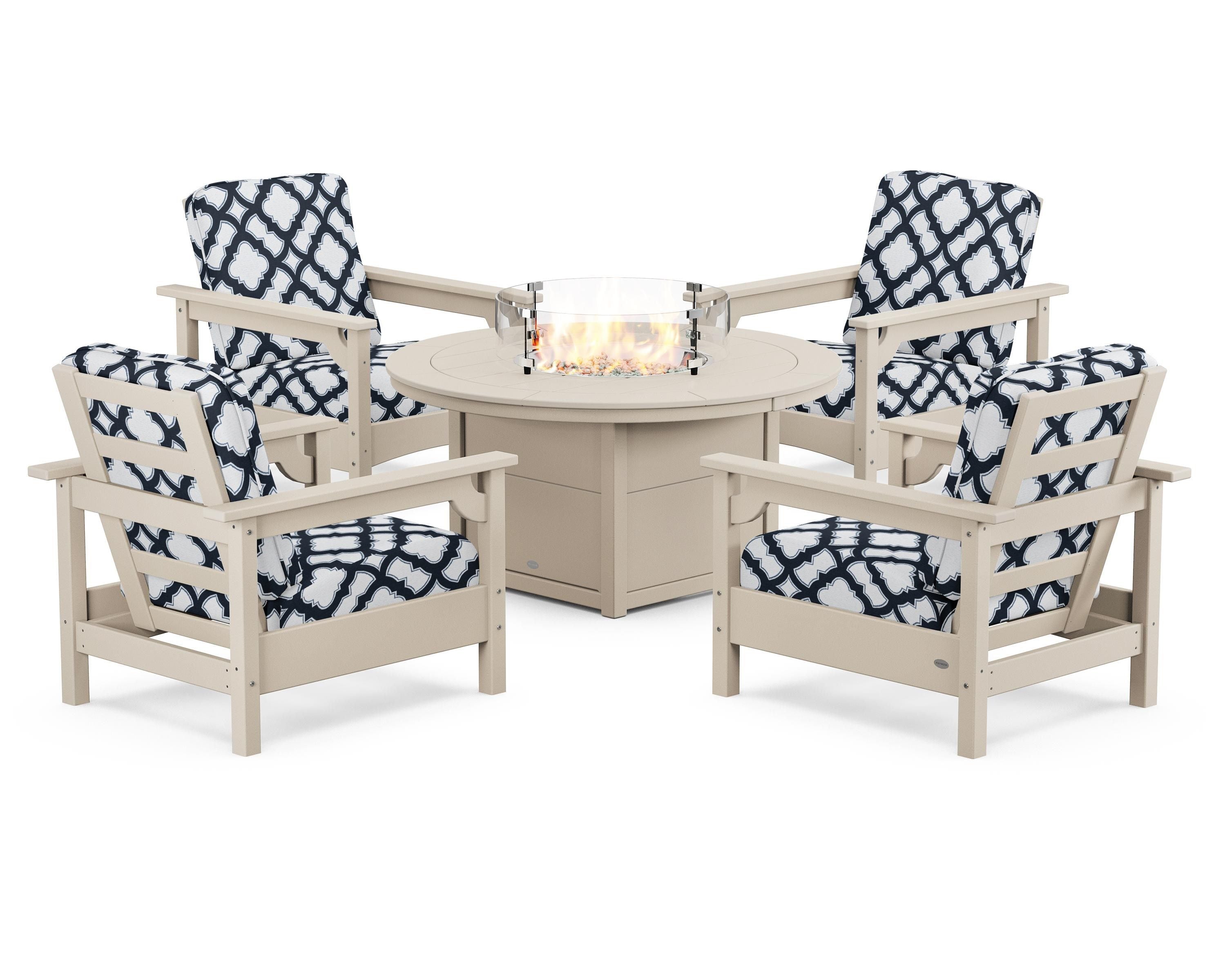 POLYWOOD® Club 5-Piece Conversation Set with Fire Pit Table in Sand / Trellis Marine Indigo