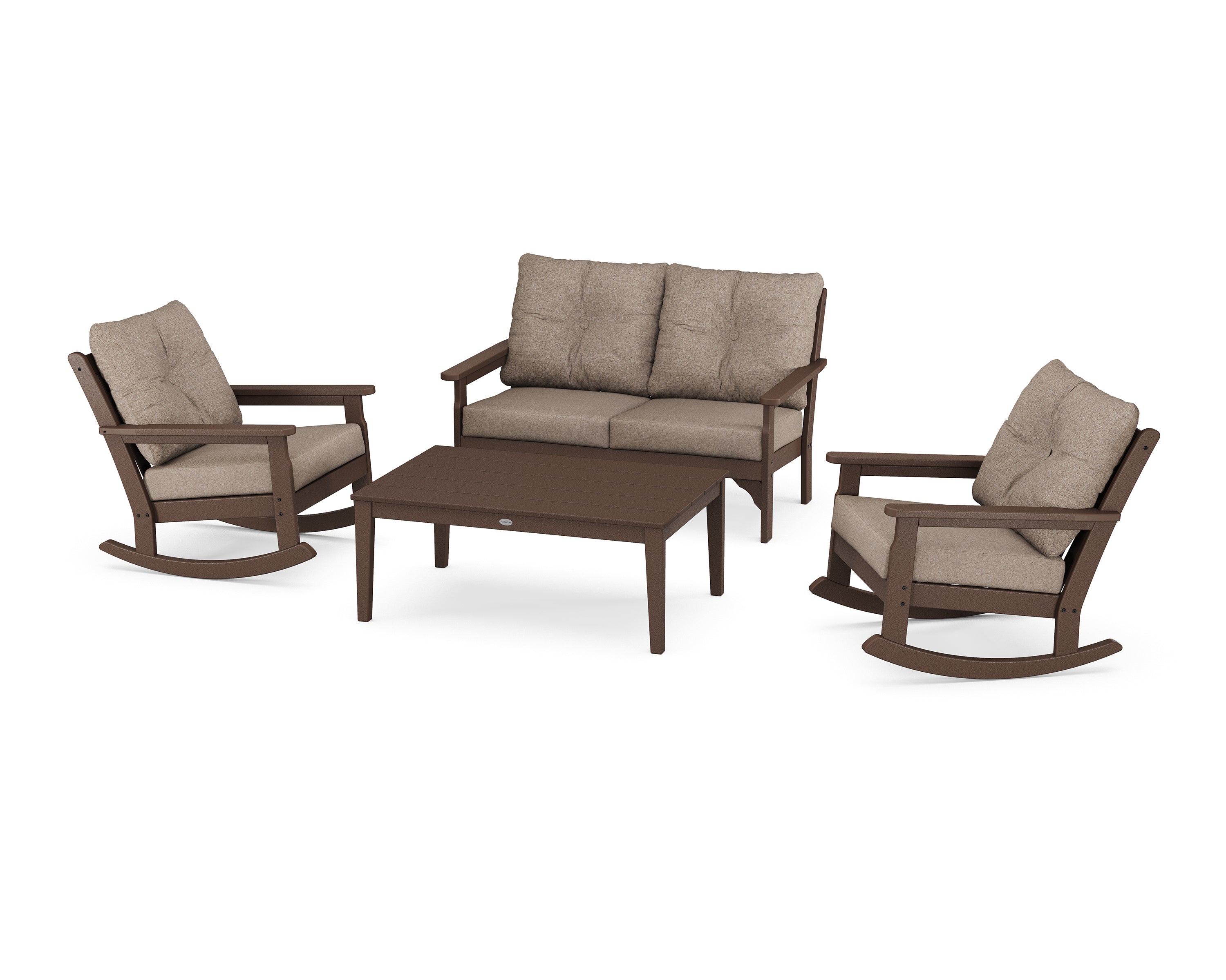 POLYWOOD® Vineyard 4-Piece Deep Seating Rocking Chair Set in Mahogany / Spiced Burlap