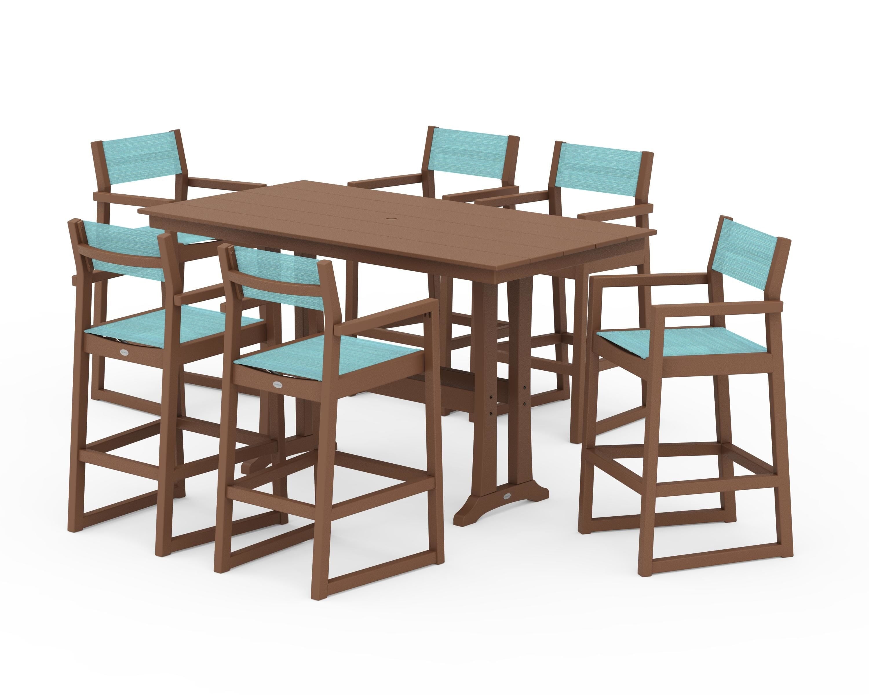 POLYWOOD® EDGE Sling Arm Chair 7-Piece Farmhouse Bar Set with Trestle Legs in Teak / Dupioni Aquamarine Sling