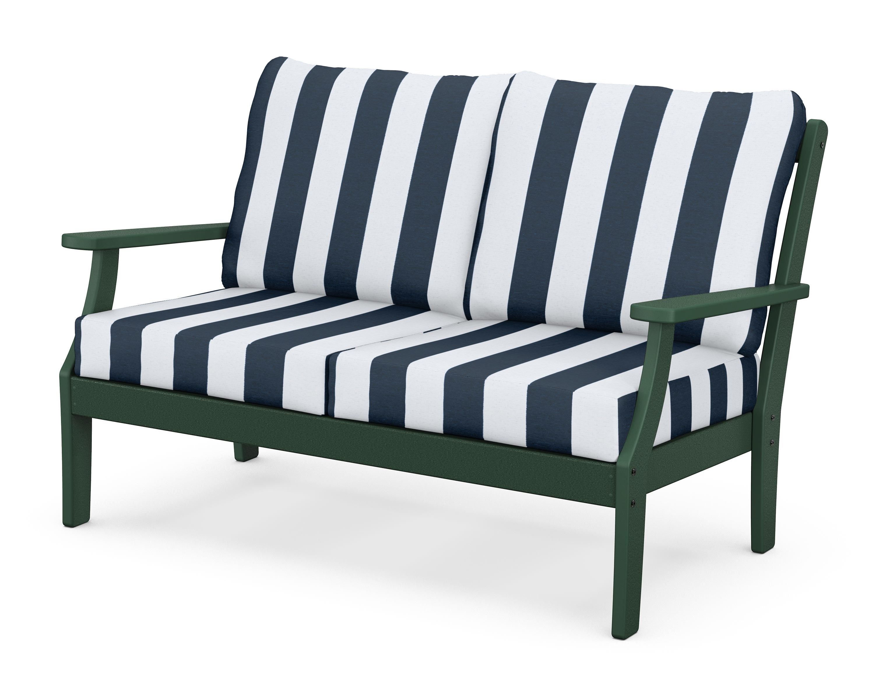 POLYWOOD® Braxton Deep Seating Loveseat in Green / Cabana Stripe Marine Indigo