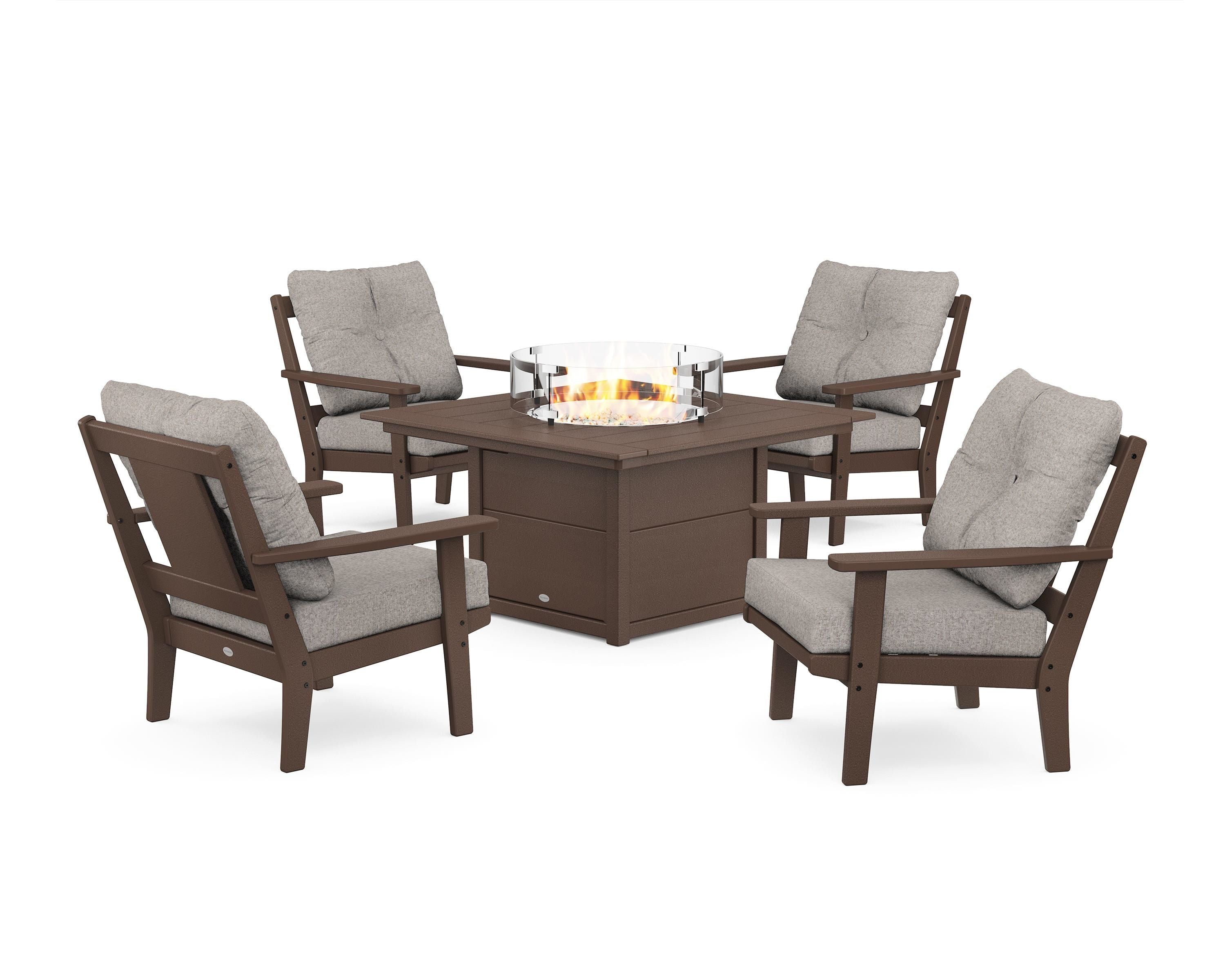 POLYWOOD® Prairie 5-Piece Deep Seating Set with Fire Pit Table in Mahogany / Weathered Tweed