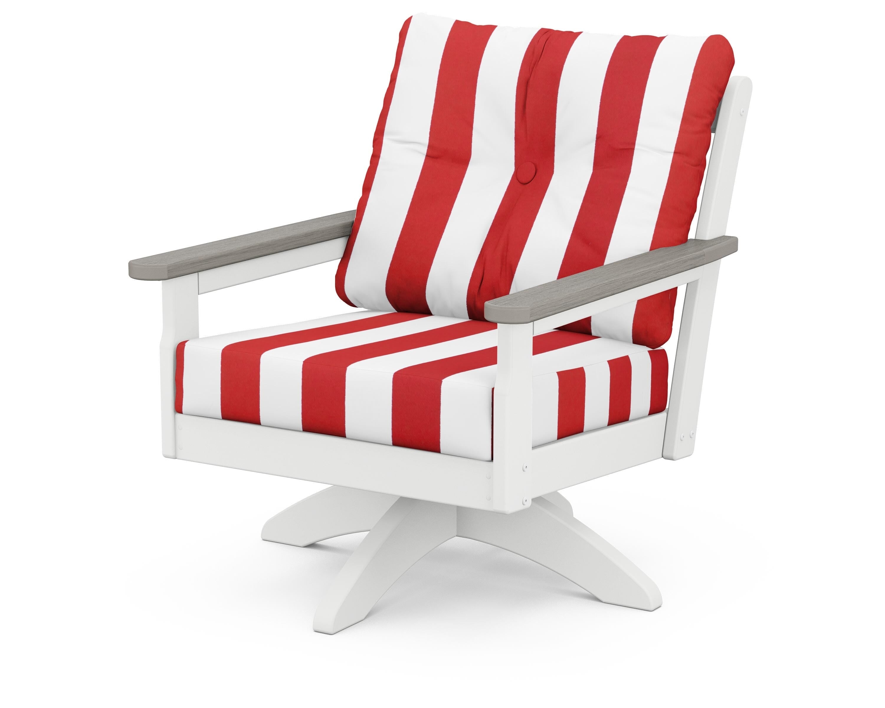 POLYWOOD® Vineyard Deep Seating Swivel Chair in White / Driftwood / Cabana Stripe Crimson