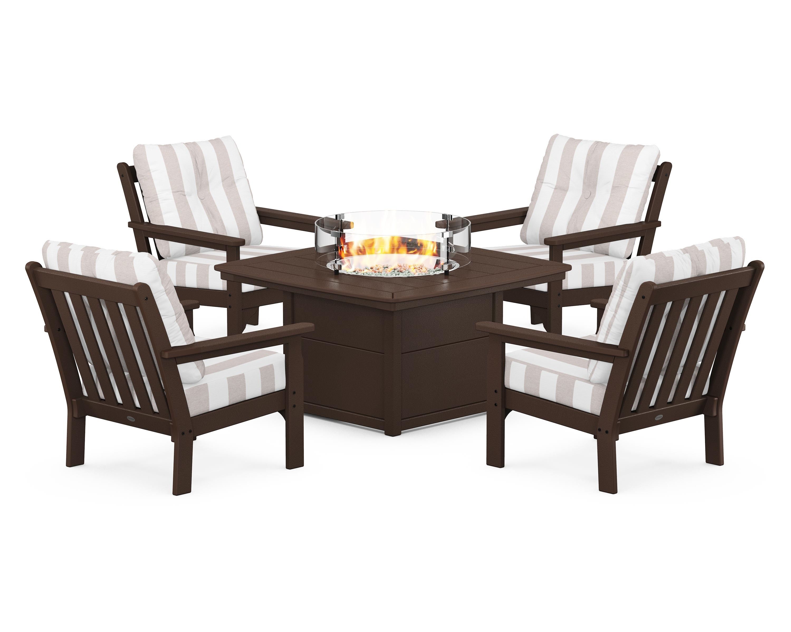 POLYWOOD® Vineyard 5-Piece Conversation Set with Fire Pit Table in Mahogany / Cabana Stripe Dune Burlap