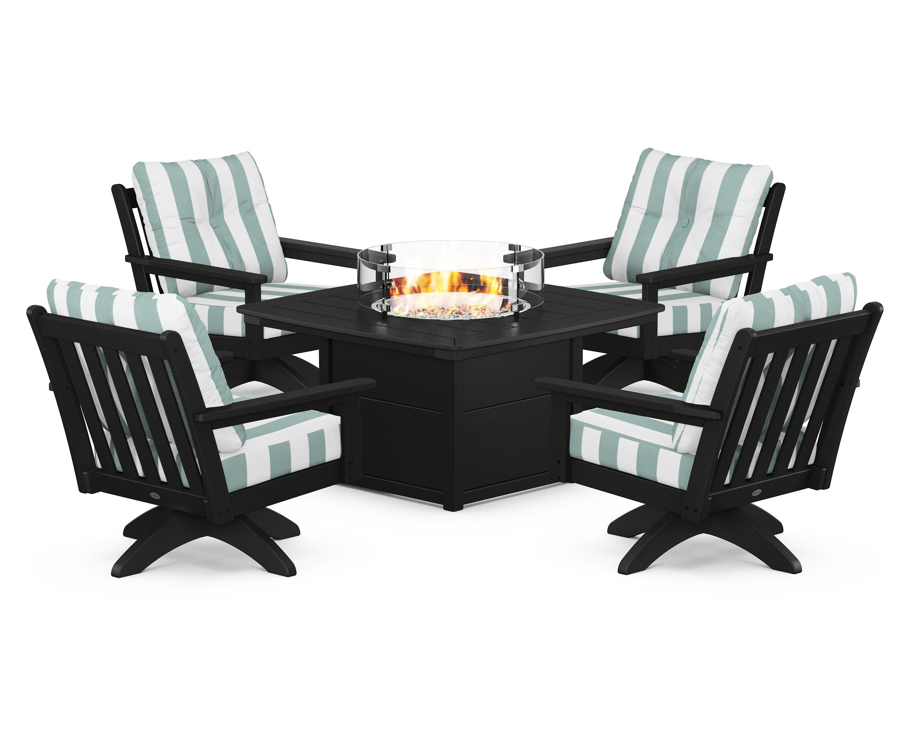 POLYWOOD® Vineyard 5-Piece Deep Seating Swivel Conversation Set with Fire Pit Table in Black / Cabana Stripe Glacier Spa
