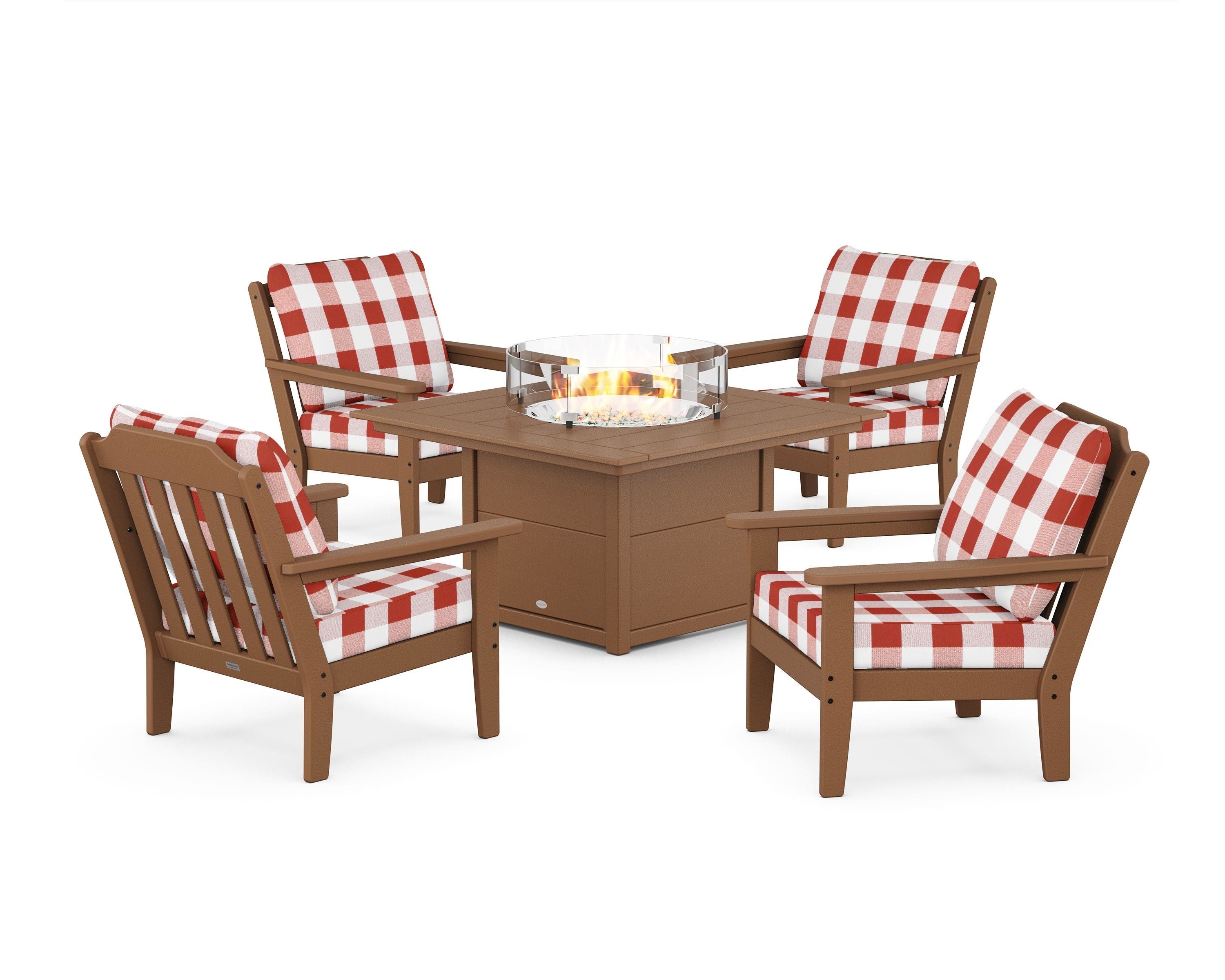 Country Living Cottage 5-Piece Deep Seating Set with Fire Pit Table in Teak / Buffalo Plaid Crimson