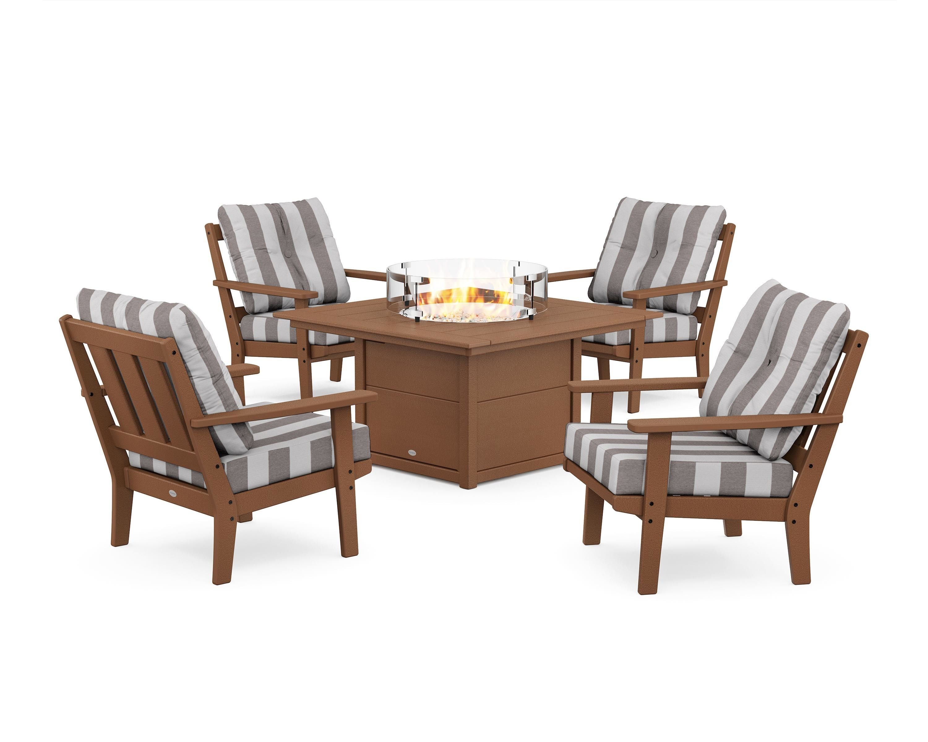 POLYWOOD® Oxford 5-Piece Deep Seating Set with Fire Pit Table in Teak / Cabana Stripe Grey Mist