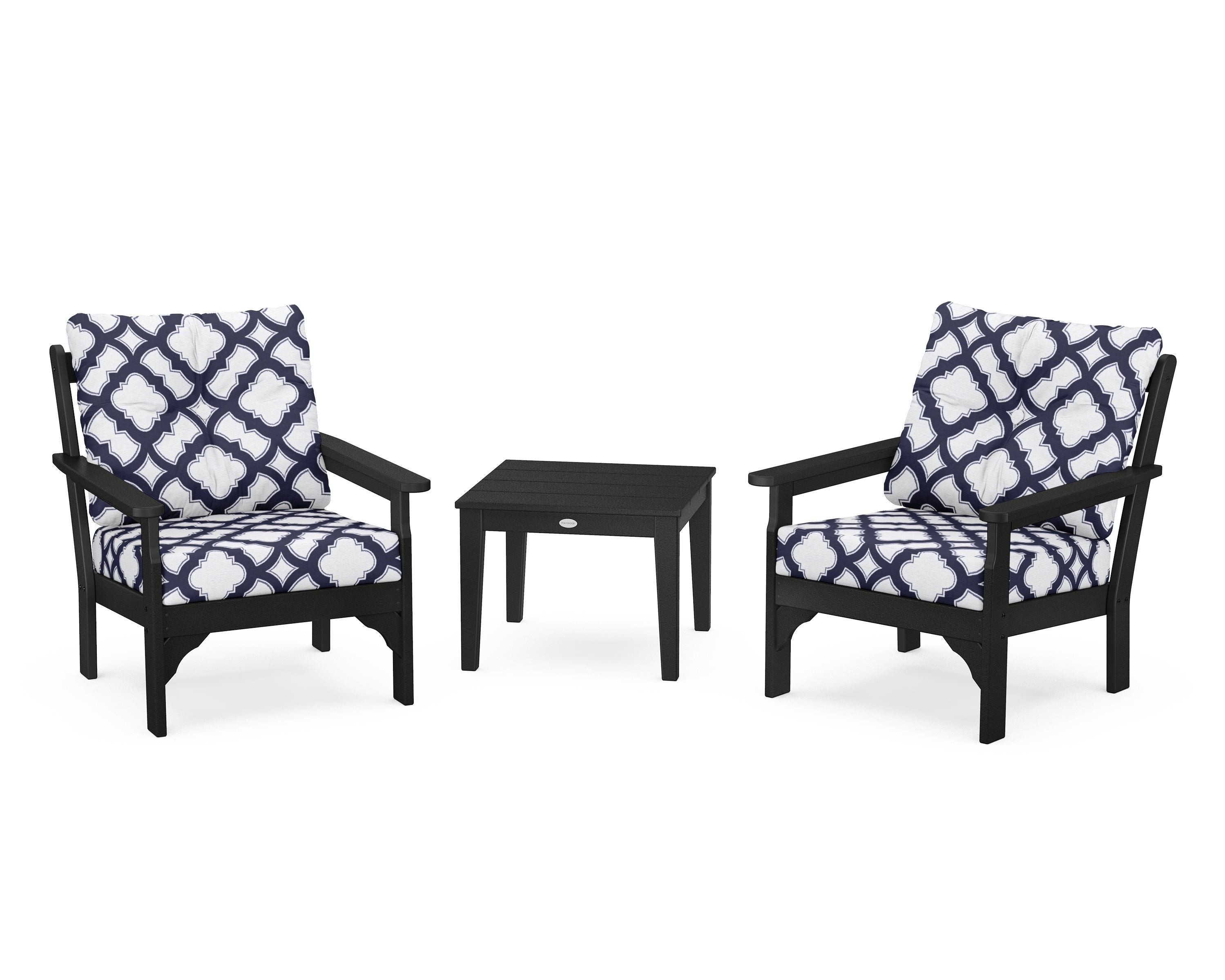 POLYWOOD® Vineyard 3-Piece Deep Seating Set in Black / Trellis Navy
